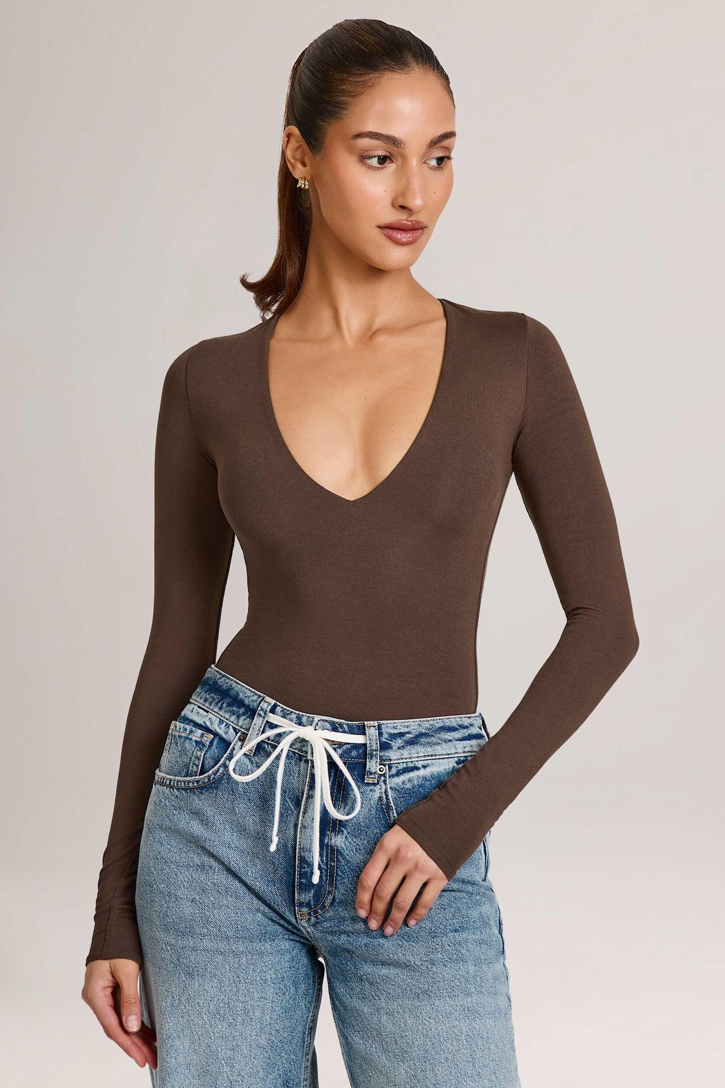 Modal Plunge Long-Sleeve Bodysuit in Chocolate Brown