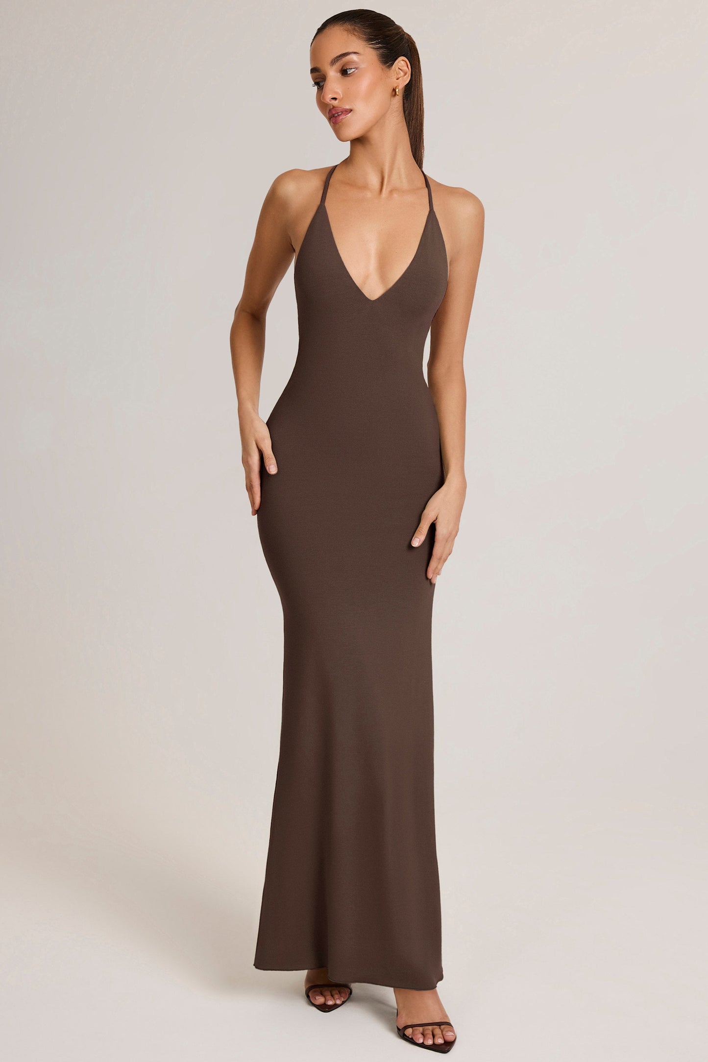 Modal Plunge Backless Maxi Dress in Chocolate Brown