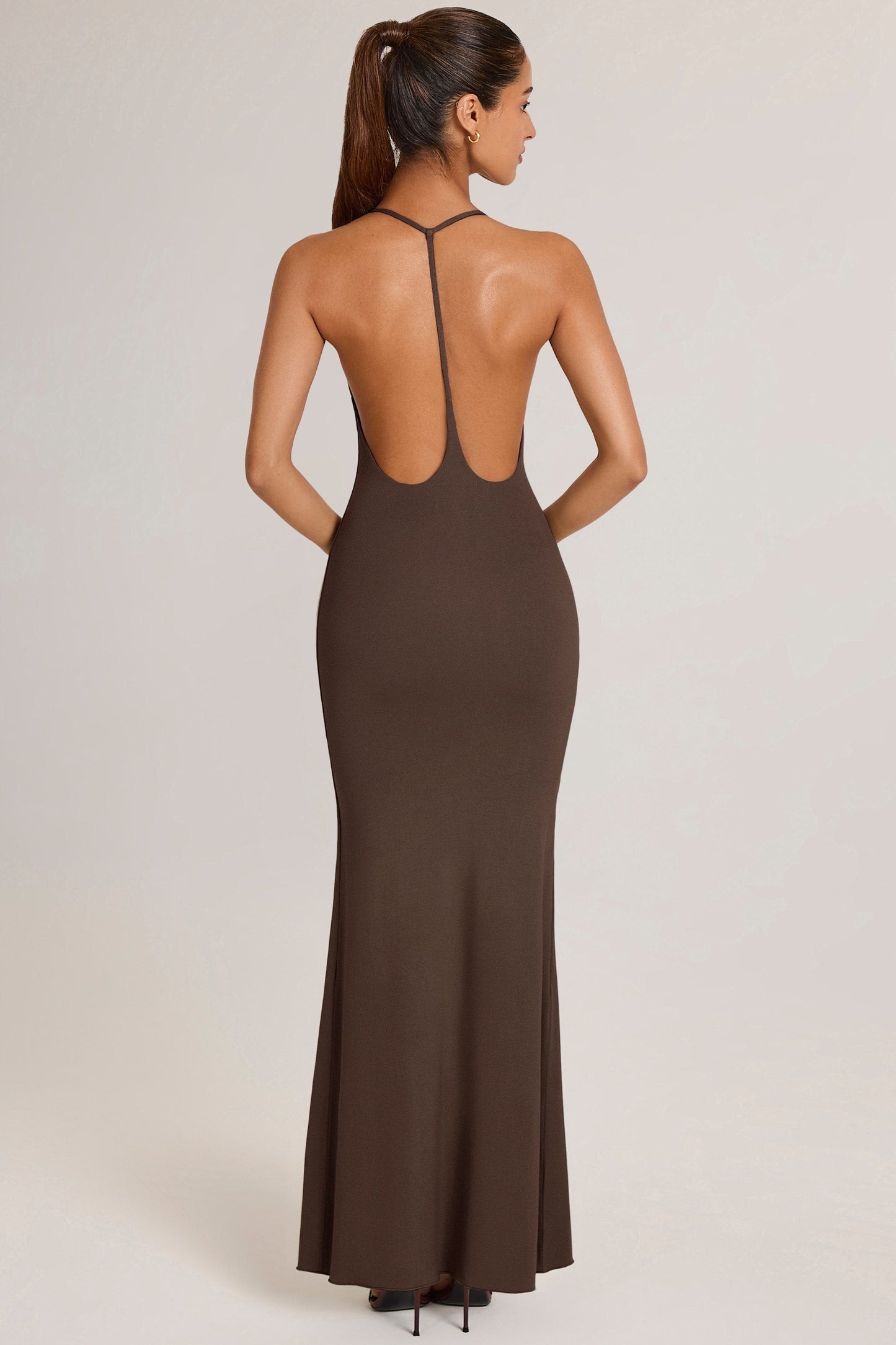 Modal Plunge Backless Maxi Dress in Chocolate Brown