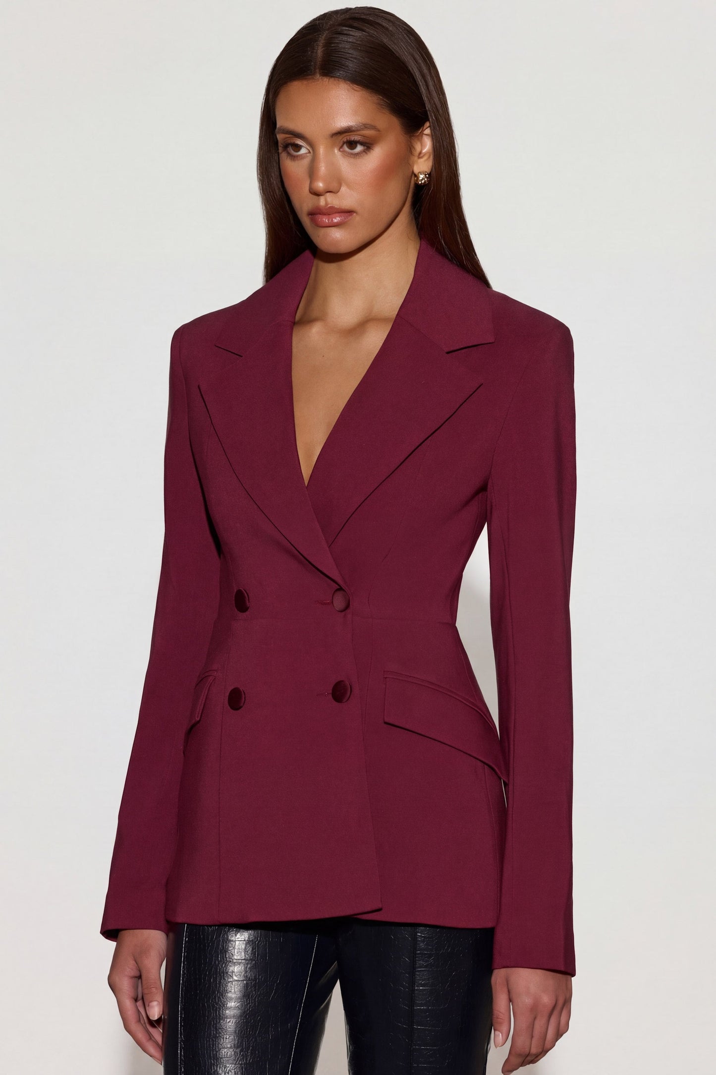 Structured Double-Breasted Blazer in Burgundy