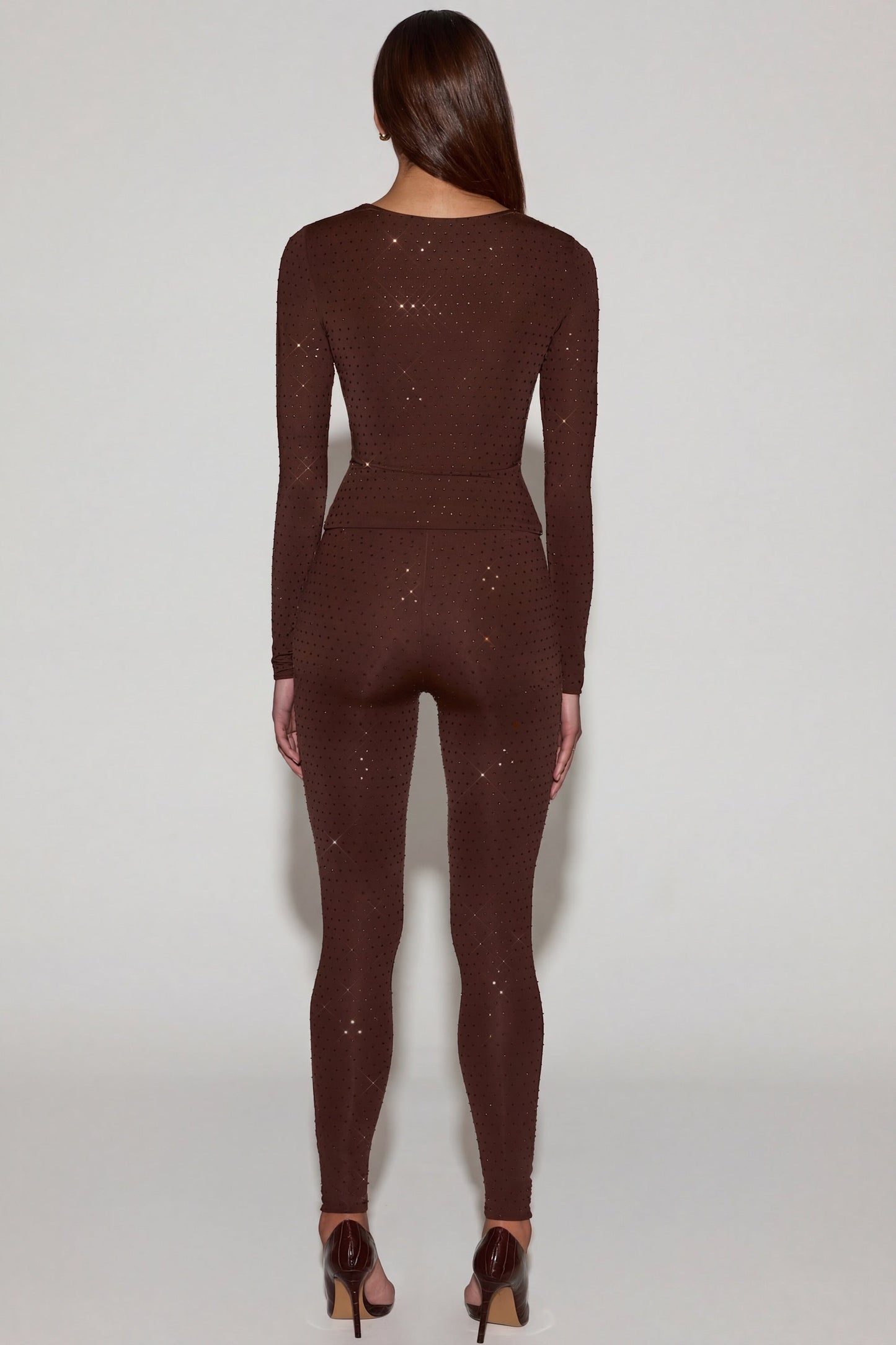 Embellished Jersey High-Waisted Leggings in Chocolate Brown