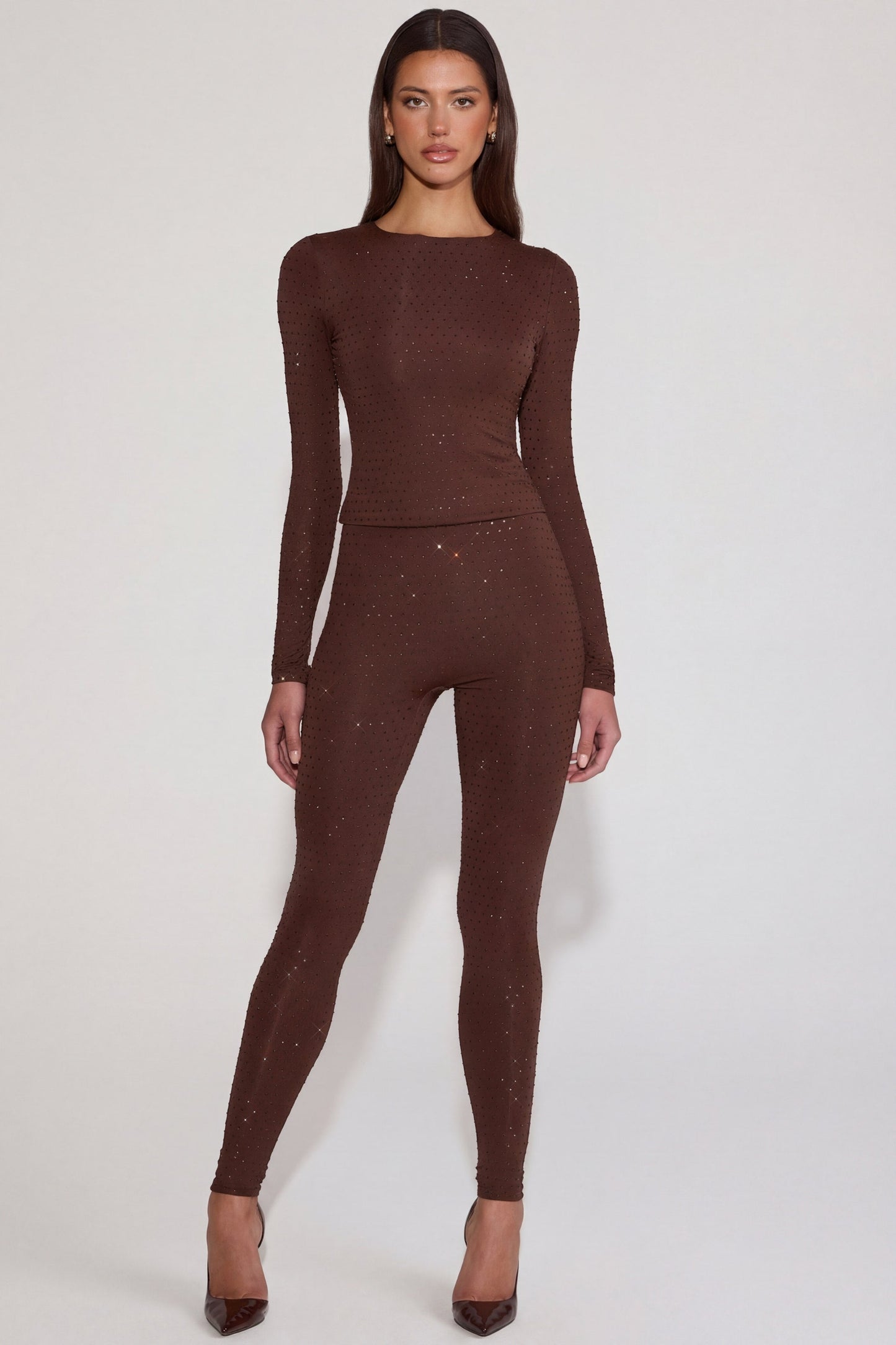 Embellished Jersey High-Waisted Leggings in Chocolate Brown