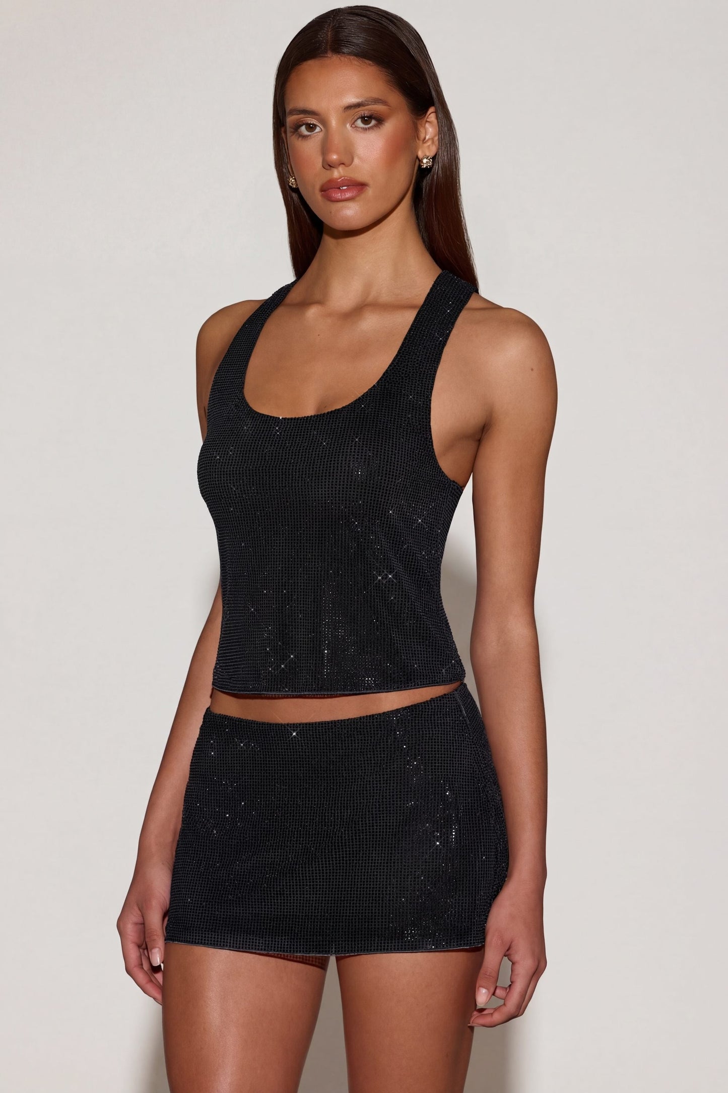 Embellished Jersey Scoop-Neck Racerback Top in Black