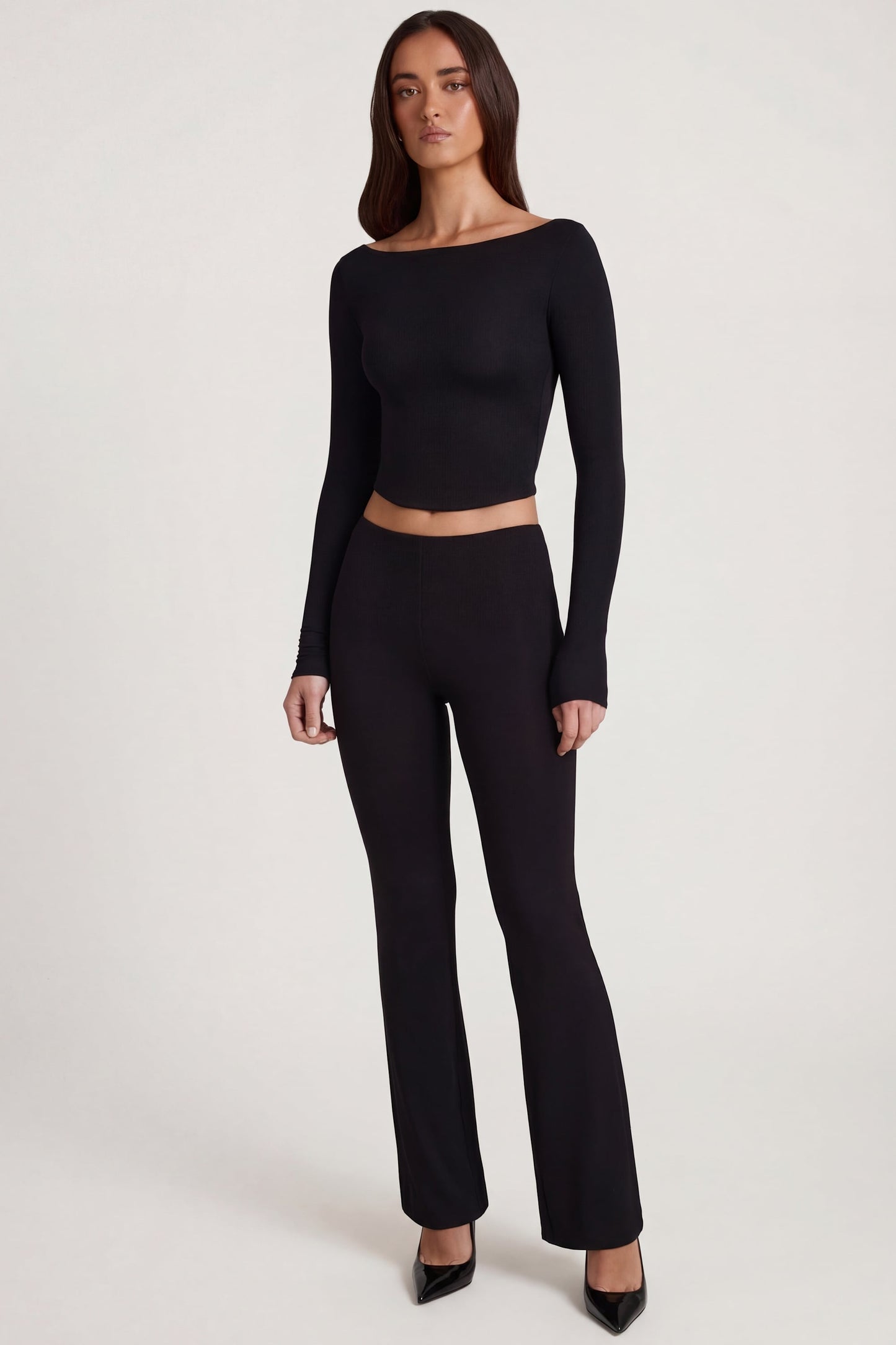 Modal Mid-Rise Flared Trousers in Black