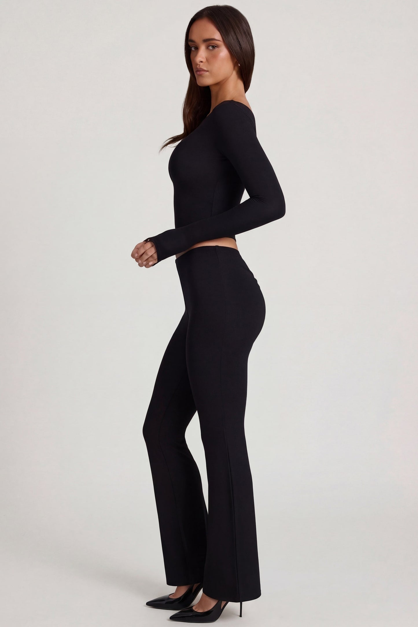 Modal Mid-Rise Flared Trousers in Black