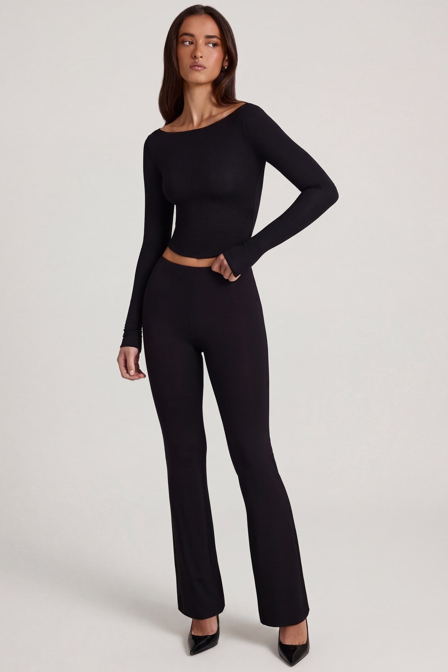 Modal Mid-Rise Flared Trousers in Black