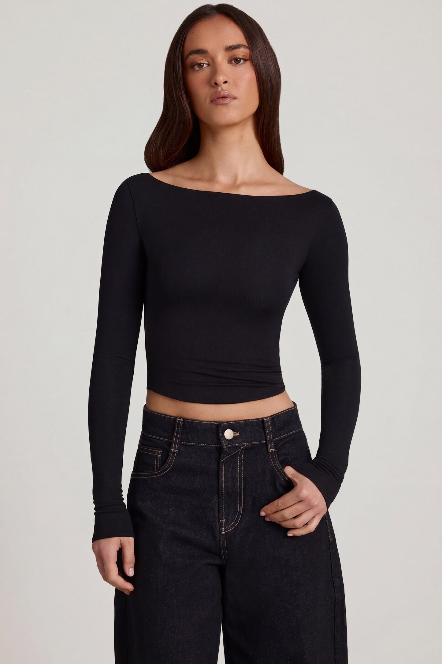 Modal Boat-Neck Long-Sleeve Top in Black