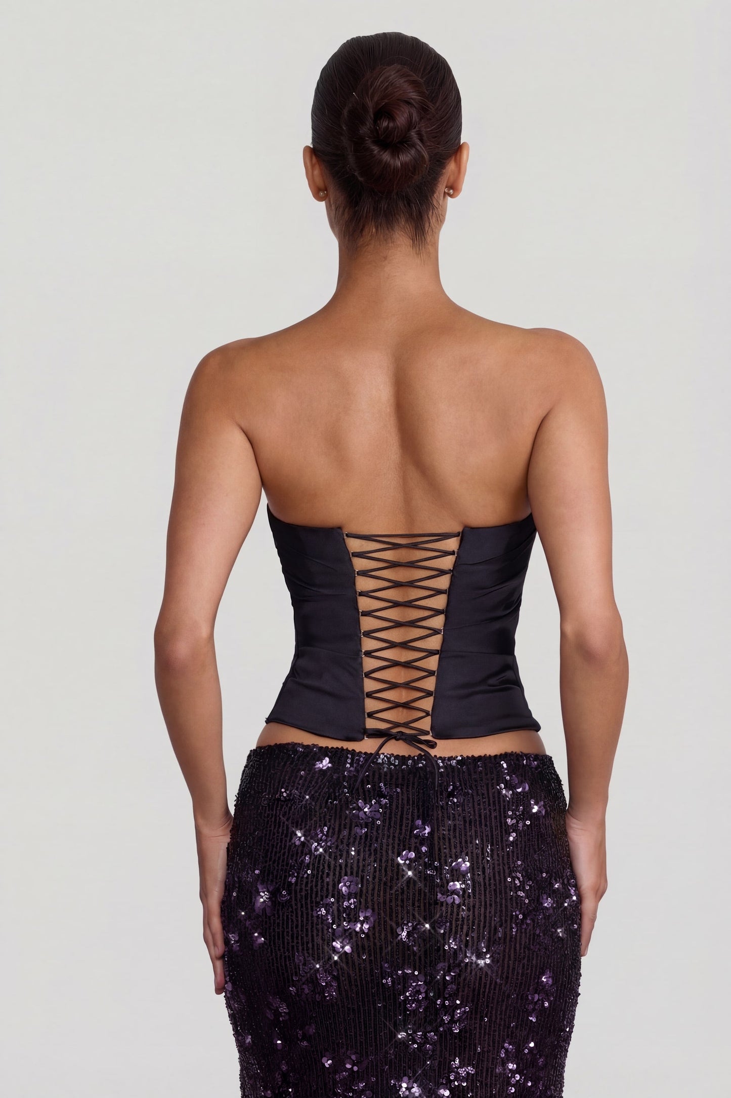 Embellished Mid-Rise Thigh-Split Maxi Skirt in Black Purple