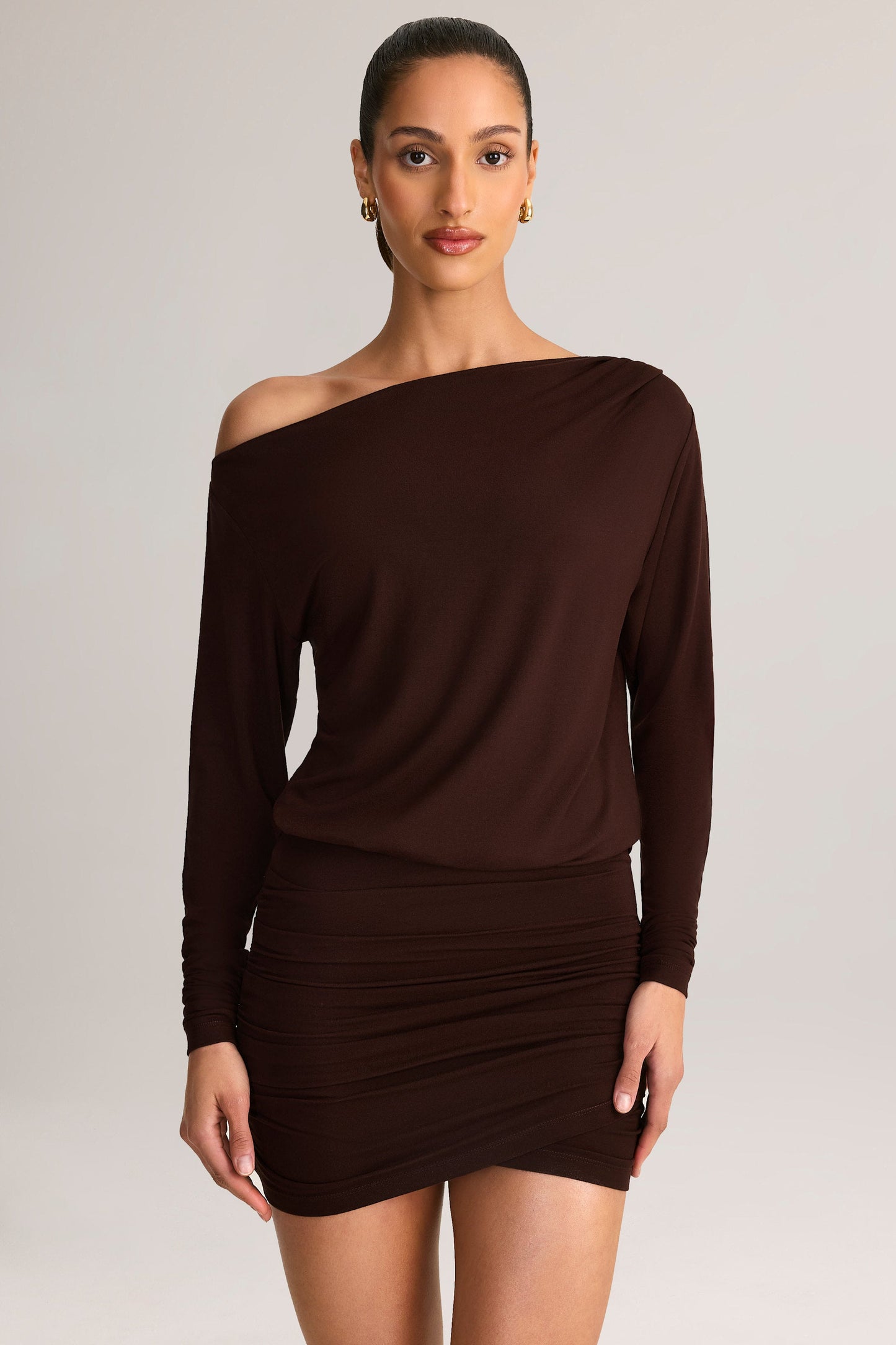 Modal Off-Shoulder Wrap Mini Dress in Chocolate Brown