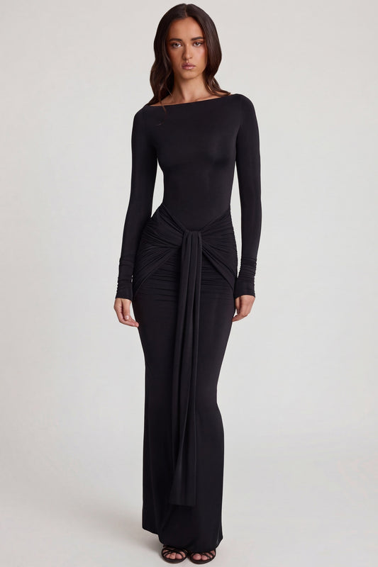 Soft Jersey Boat-Neck Tie-Gather Maxi Dress in Black