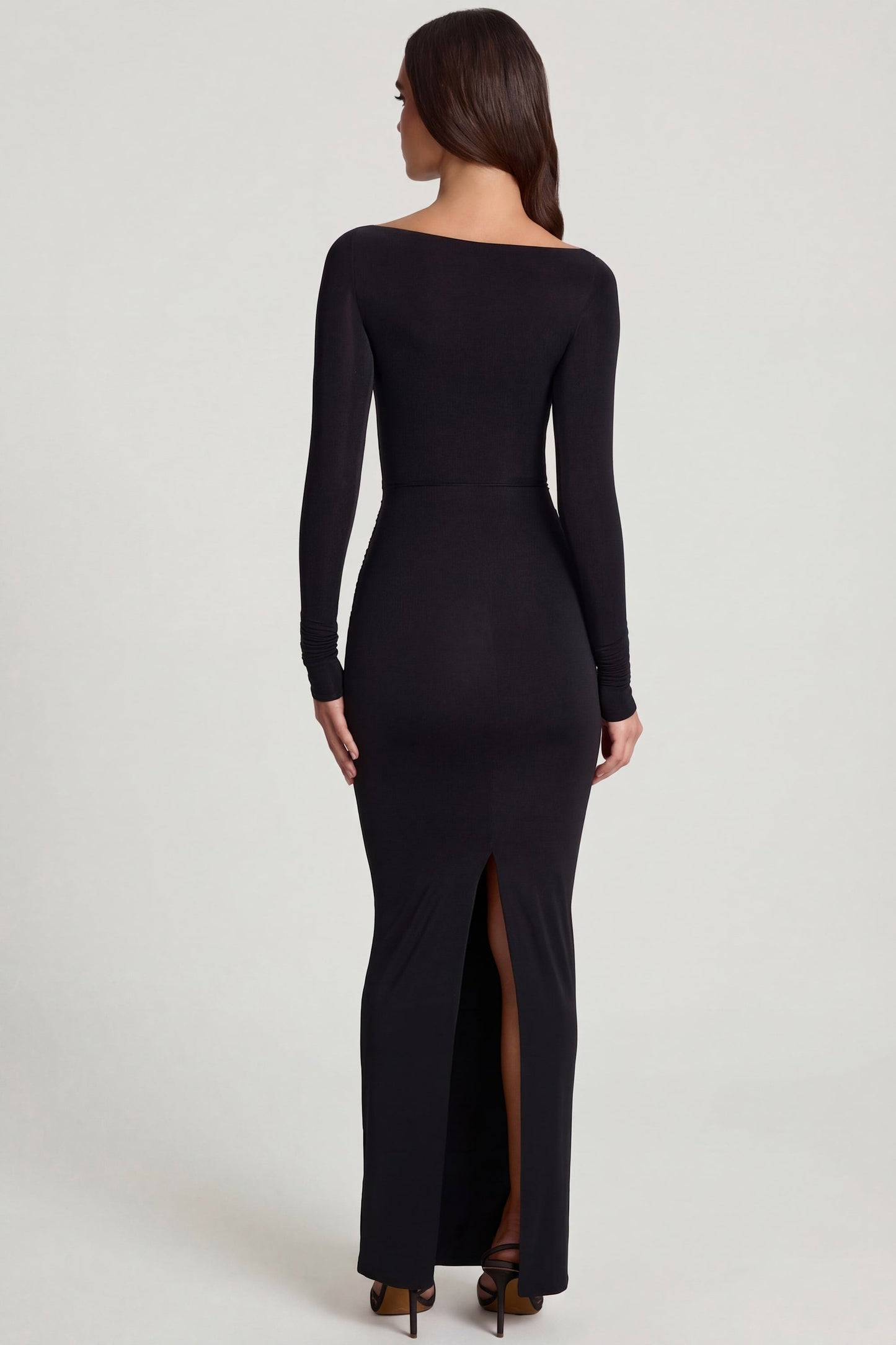 Soft Jersey Boat-Neck Tie-Gather Maxi Dress in Black