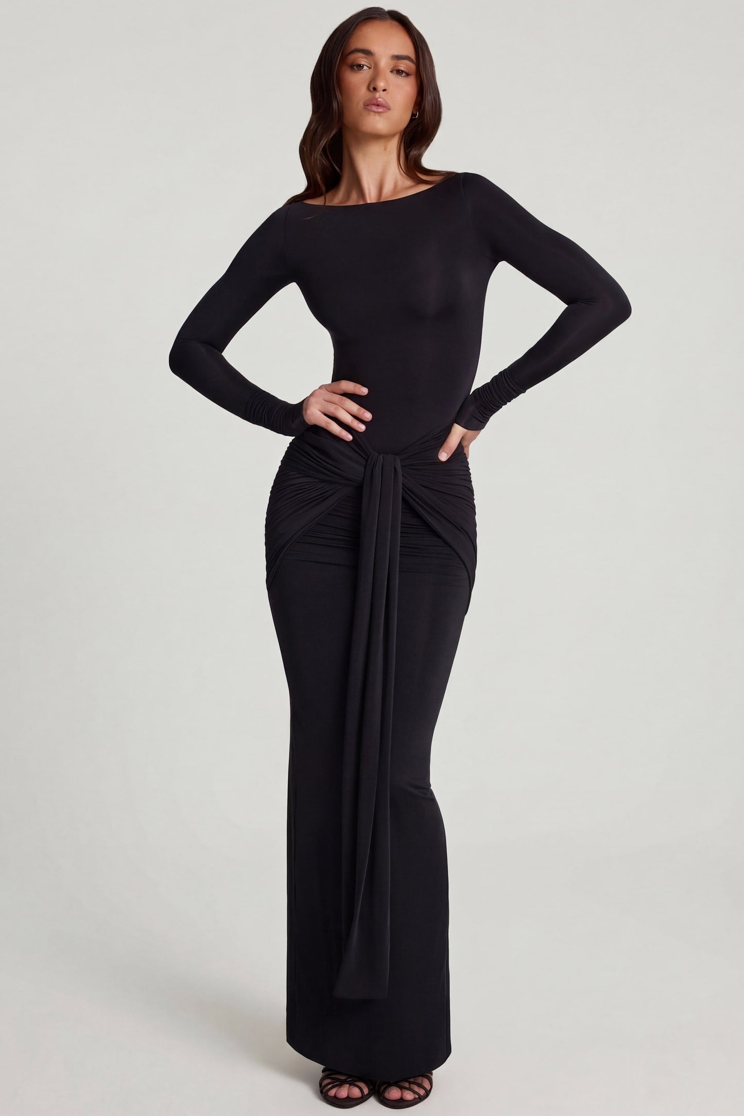 Soft Jersey Boat-Neck Tie-Gather Maxi Dress in Black