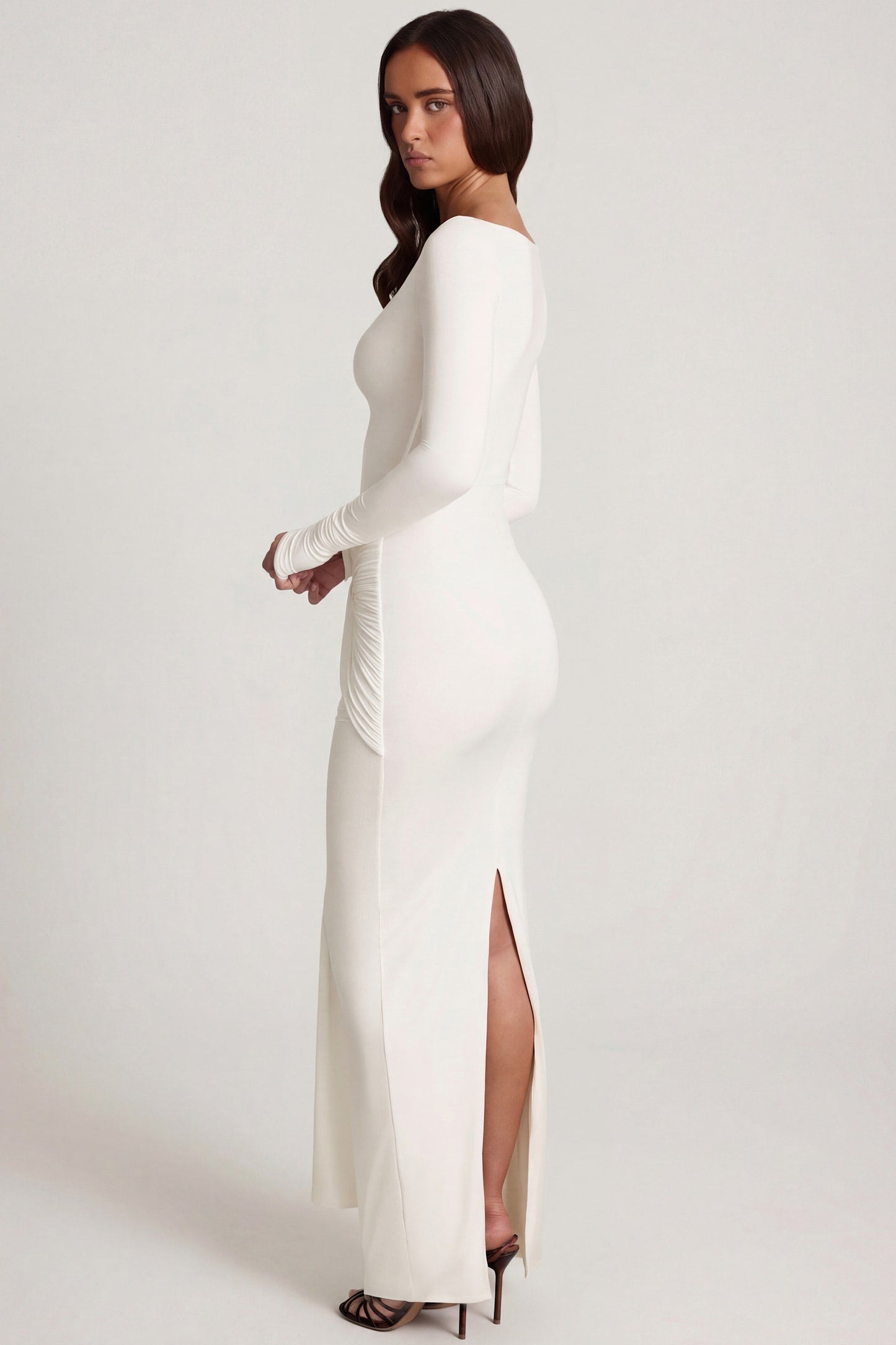 Soft Jersey Boat-Neck Tie-Gather Maxi Dress in White