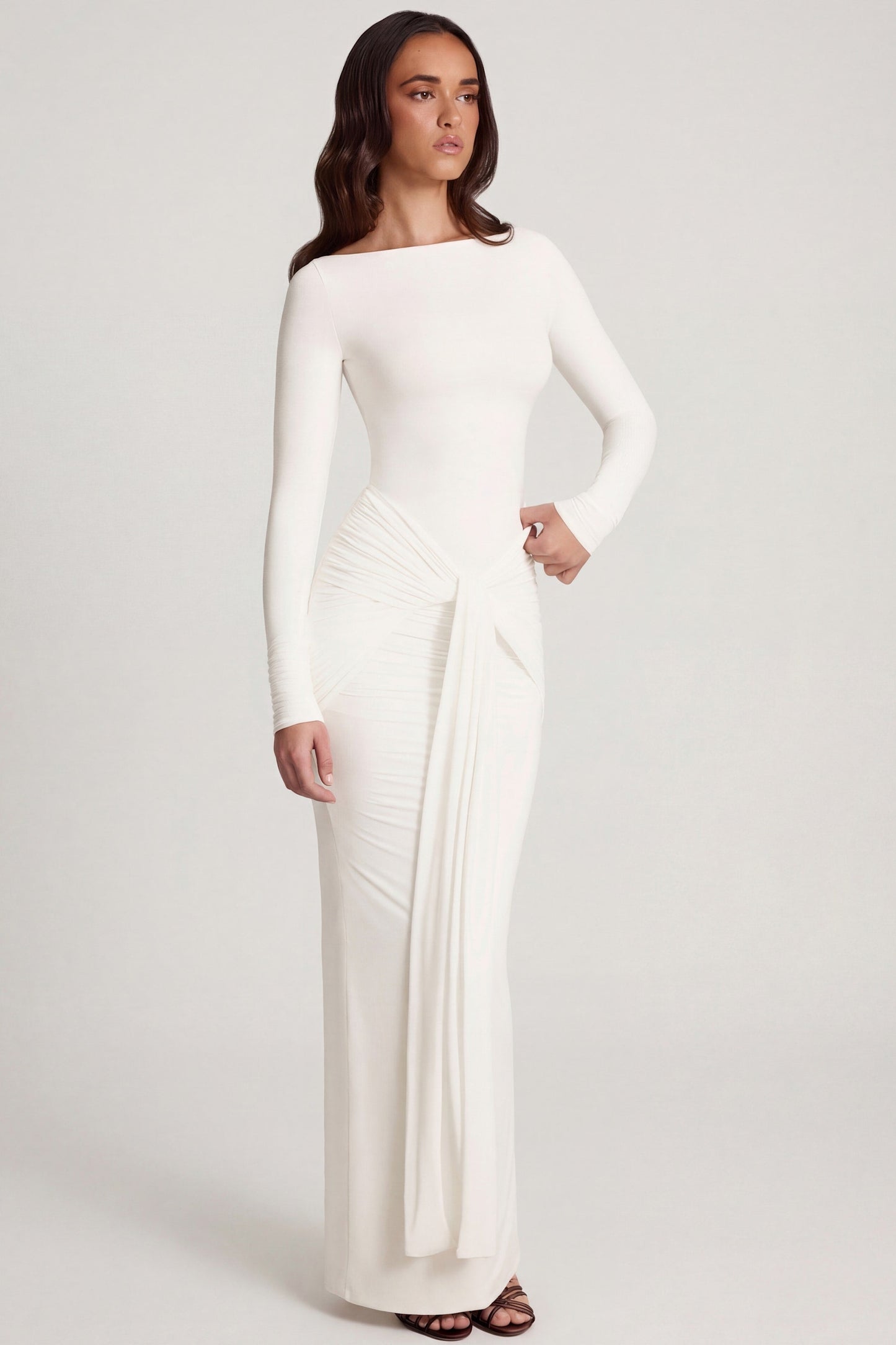 Soft Jersey Boat-Neck Tie-Gather Maxi Dress in White