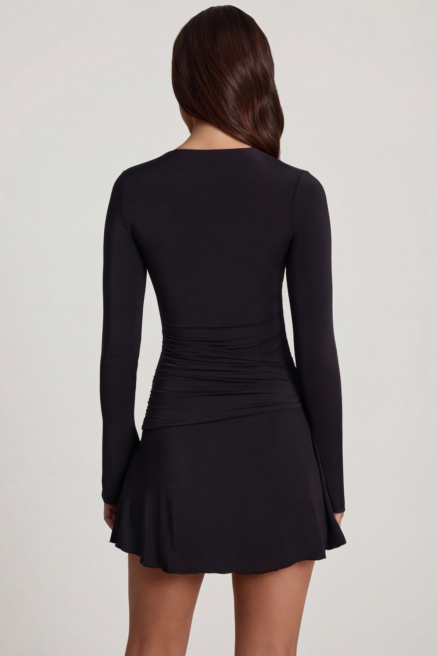 Soft Jersey Scoop-Neck Flared Mini Dress in Black