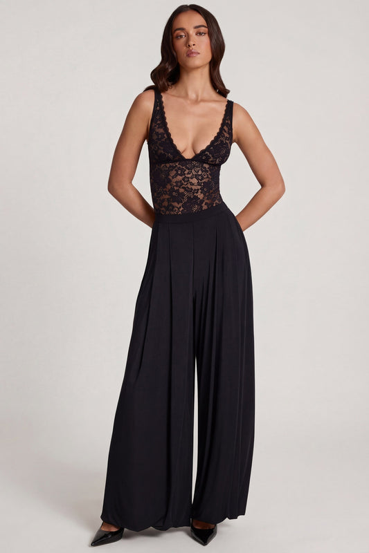 Soft Jersey Mid-Rise Wide-Leg Trousers in Black