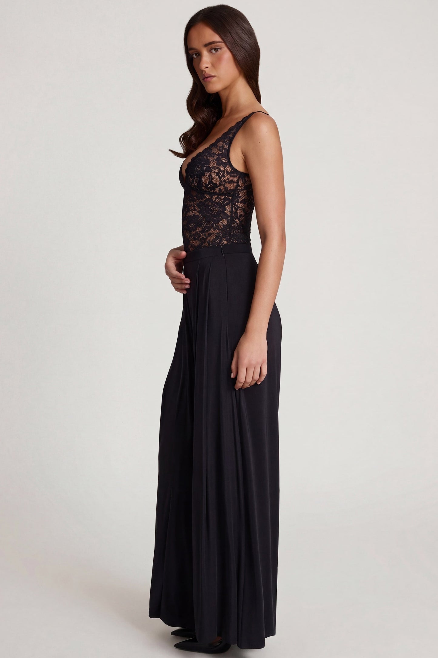 Soft Jersey Mid-Rise Wide-Leg Trousers in Black