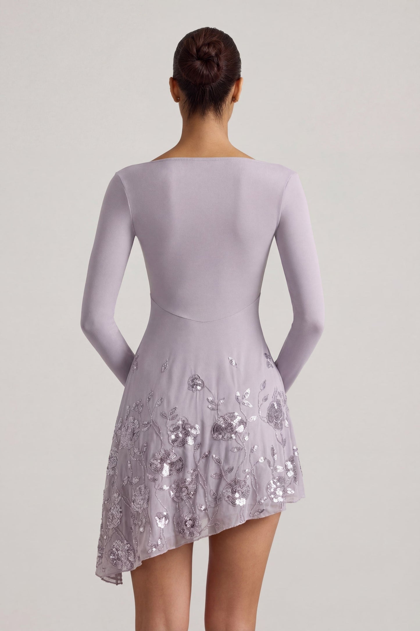 Embellished Appliqué Asymmetric Mini Dress in Lilac