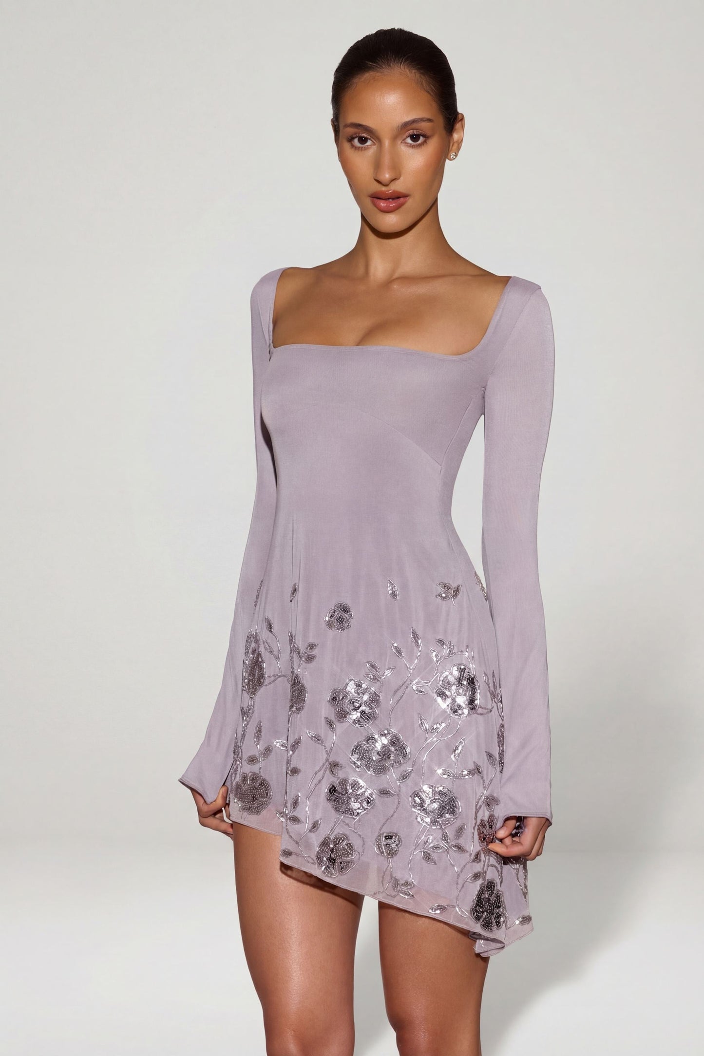 Embellished Appliqué Asymmetric Mini Dress in Lilac