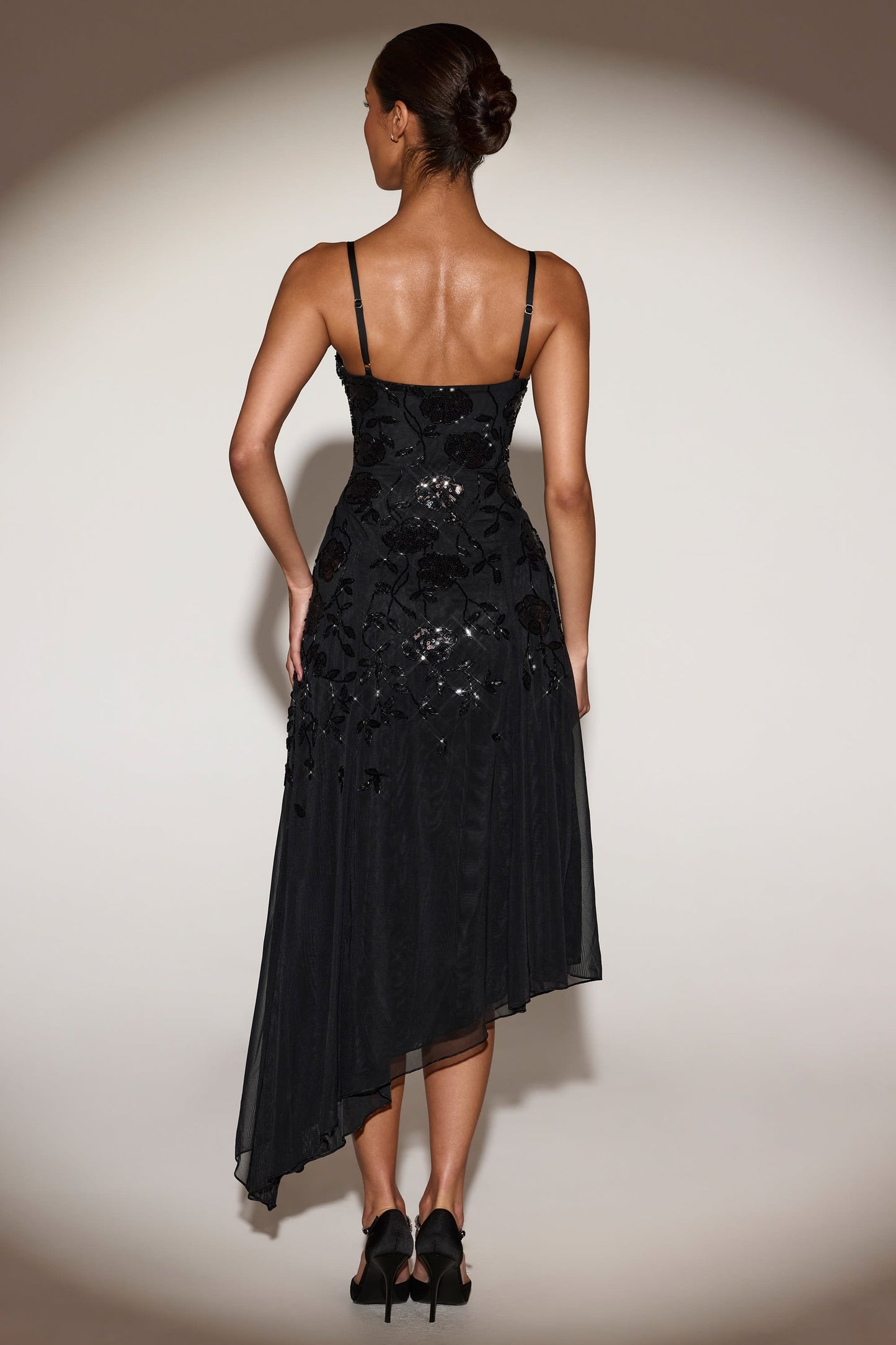 Embellished Soft-Scoop Asymmetric Midaxi Dress in Black
