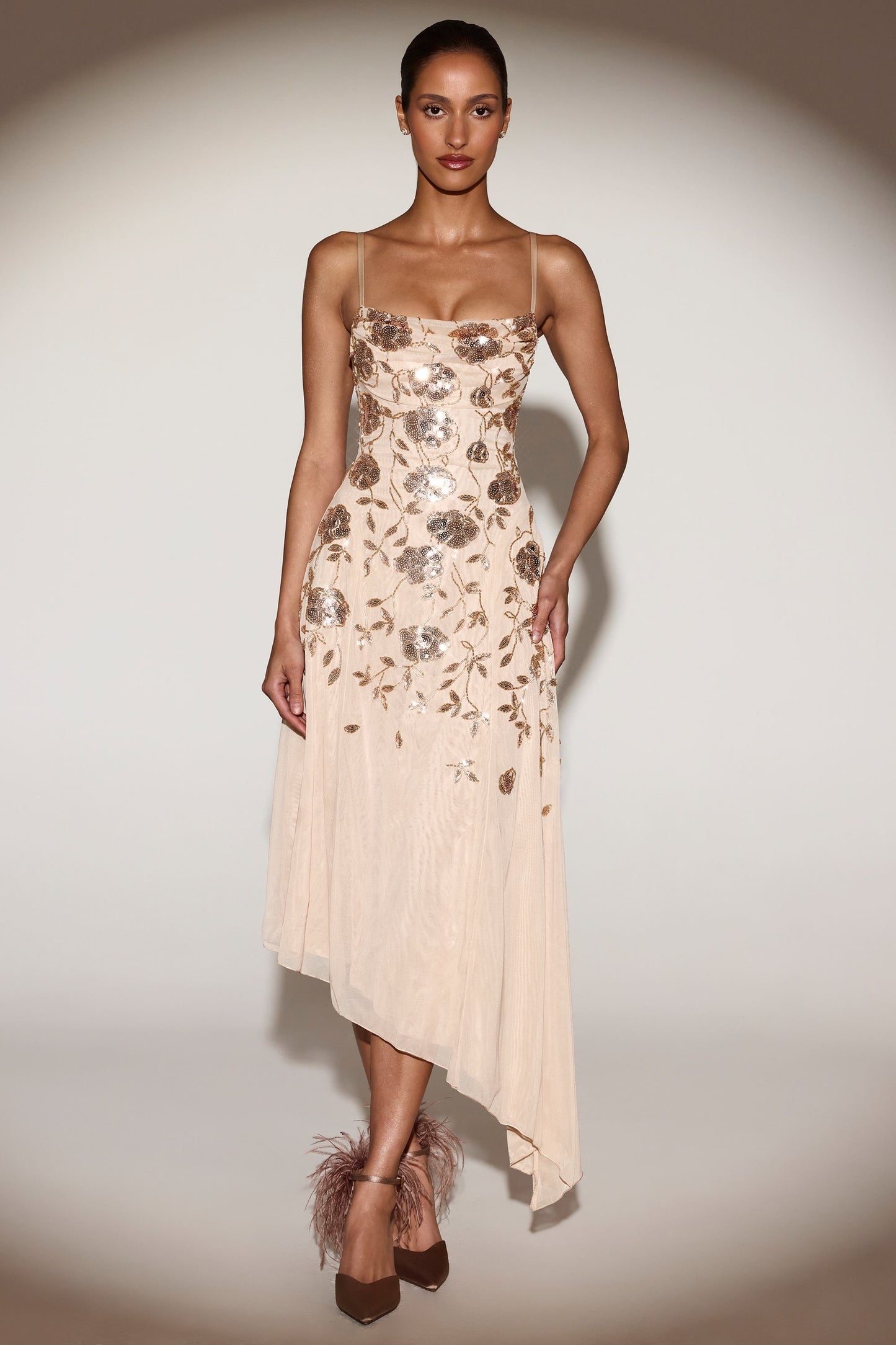 Embellished Soft-Scoop Asymmetric Midaxi Dress in Gold