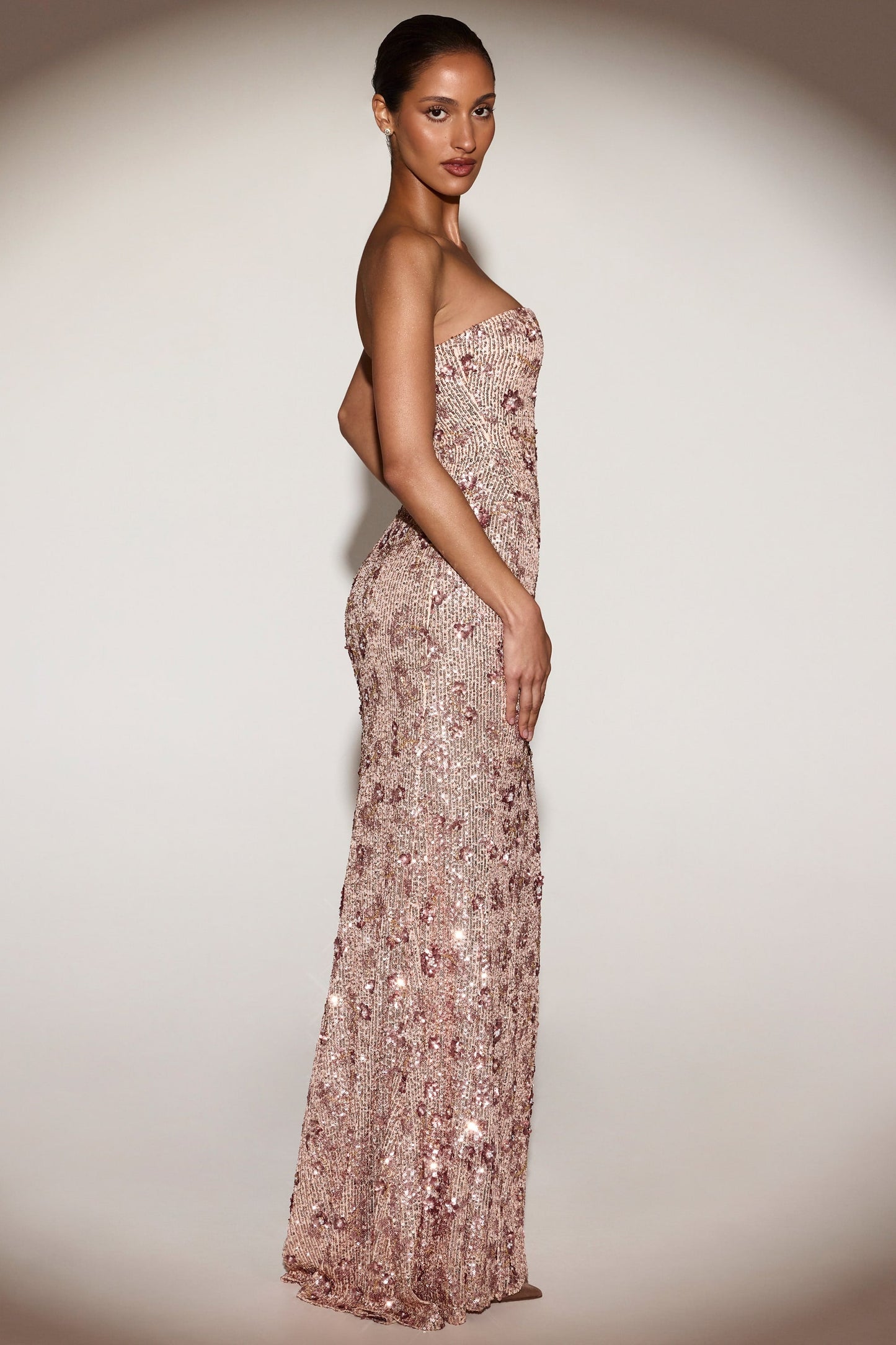 Embellished Bandeau-Neck Strapless Gown in Rose Gold