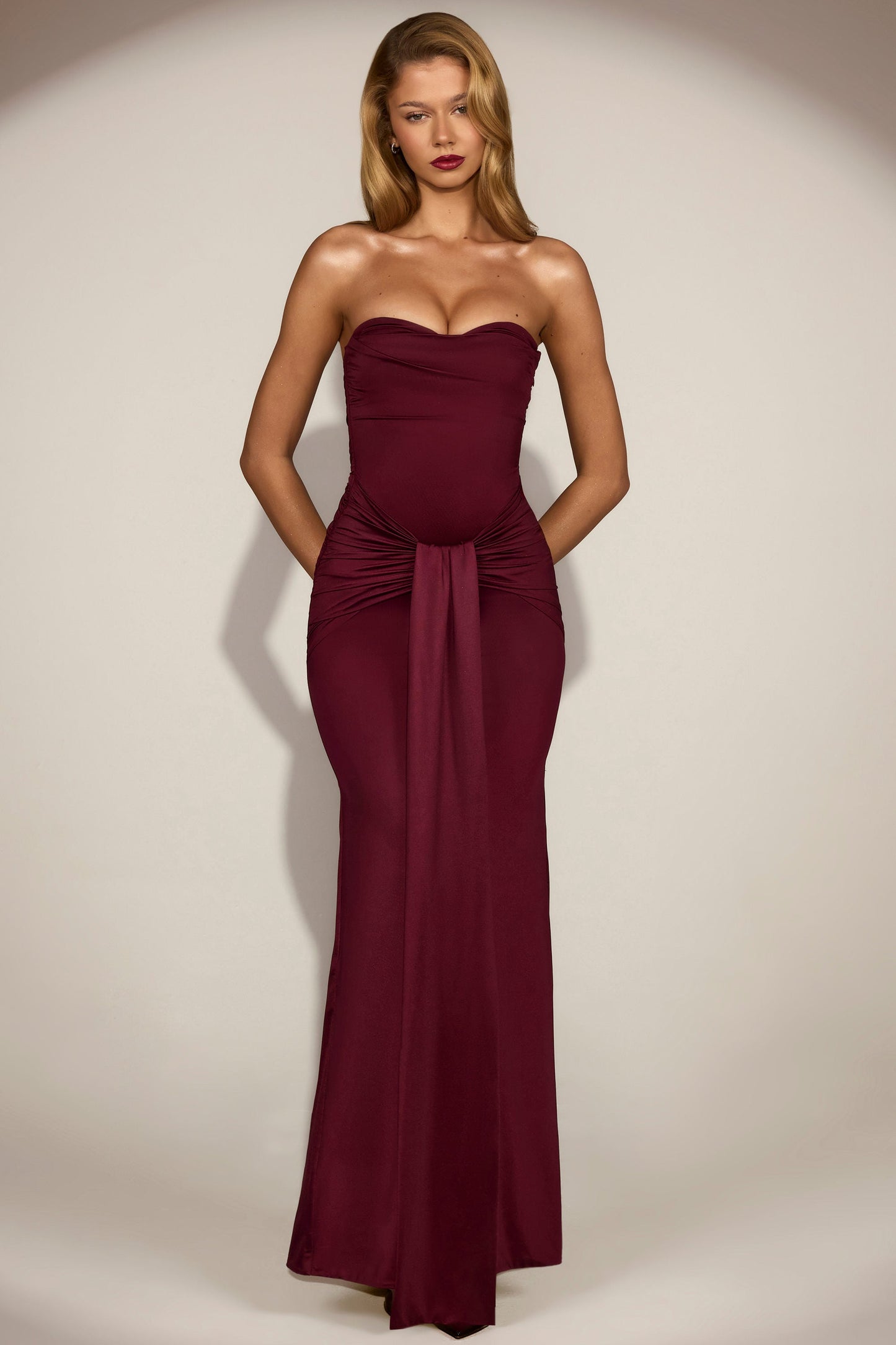 Satin Peekaboo Bandeau Draped Gown in Wine Red