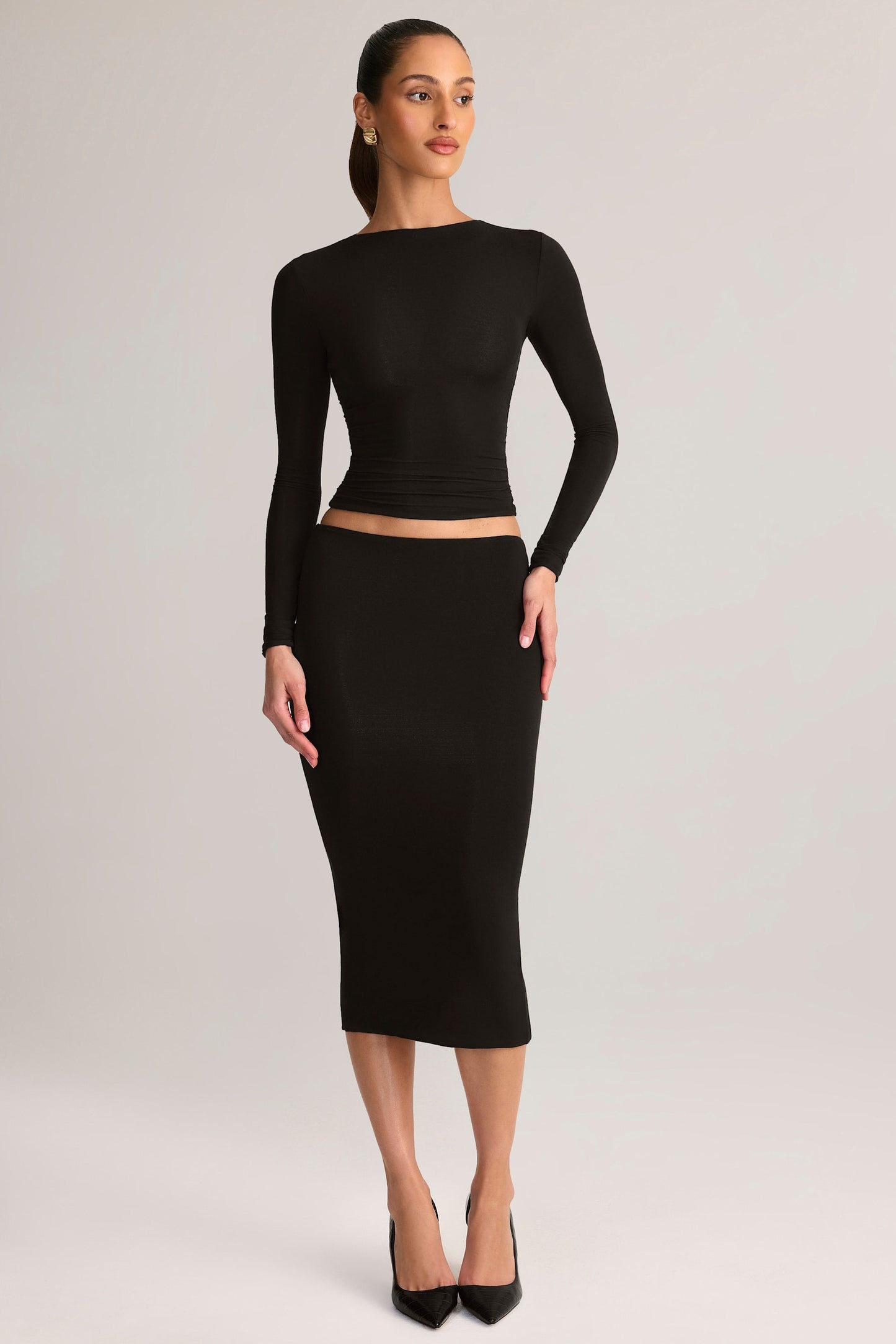 Modal Mid-Rise Pencil Midi Skirt in Black