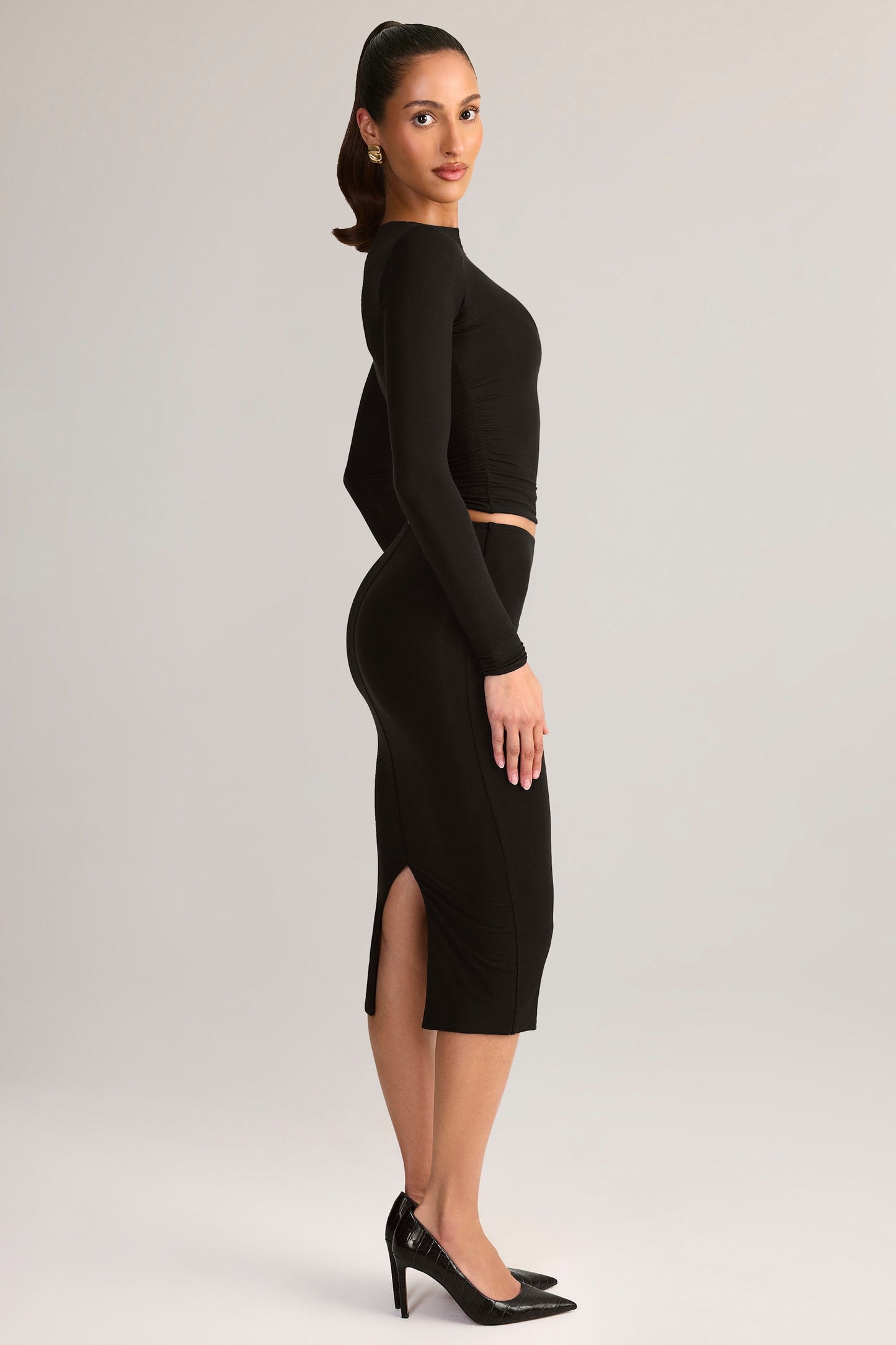 Modal Mid-Rise Pencil Midi Skirt in Black