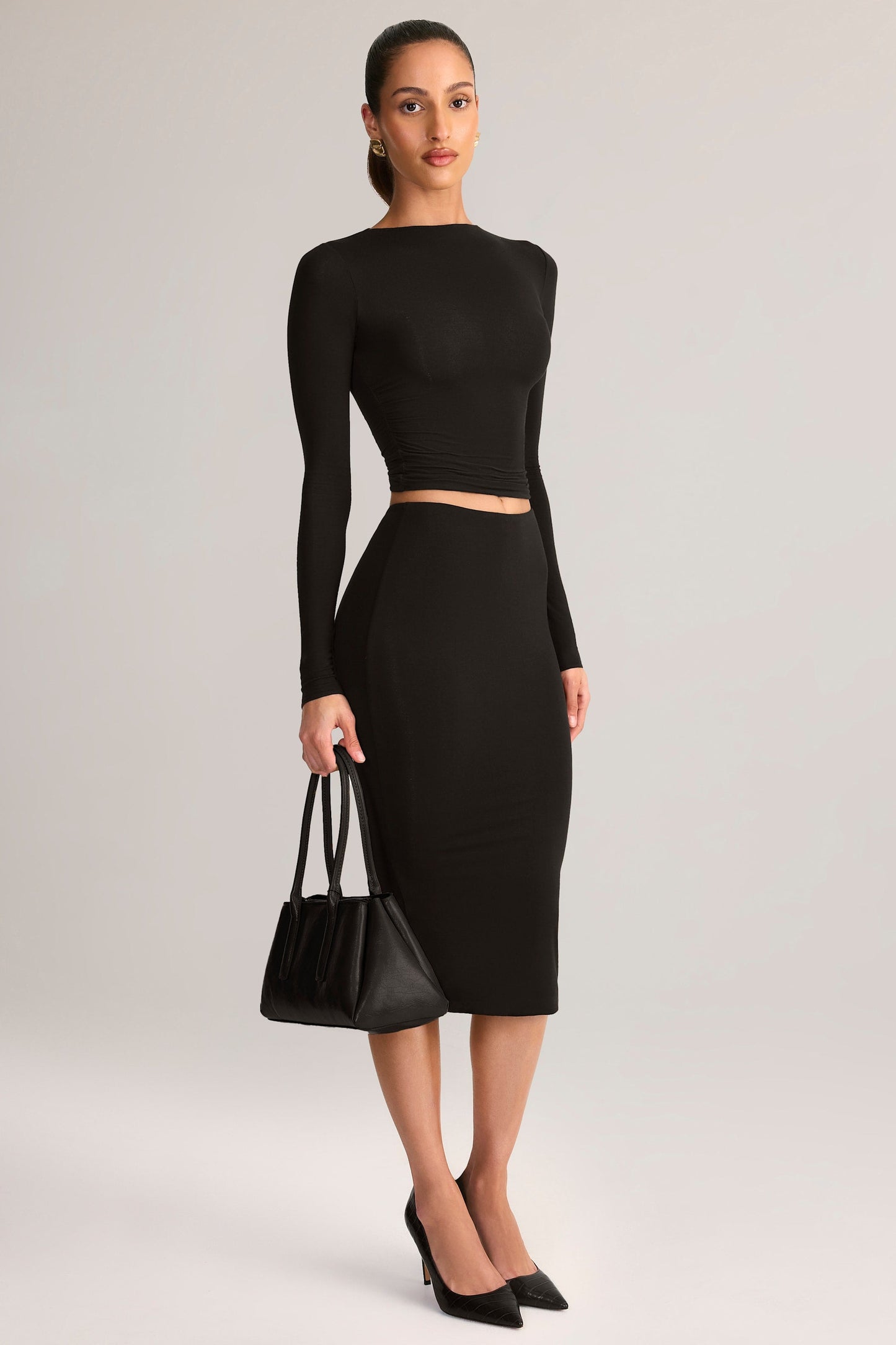 Modal Mid-Rise Pencil Midi Skirt in Black