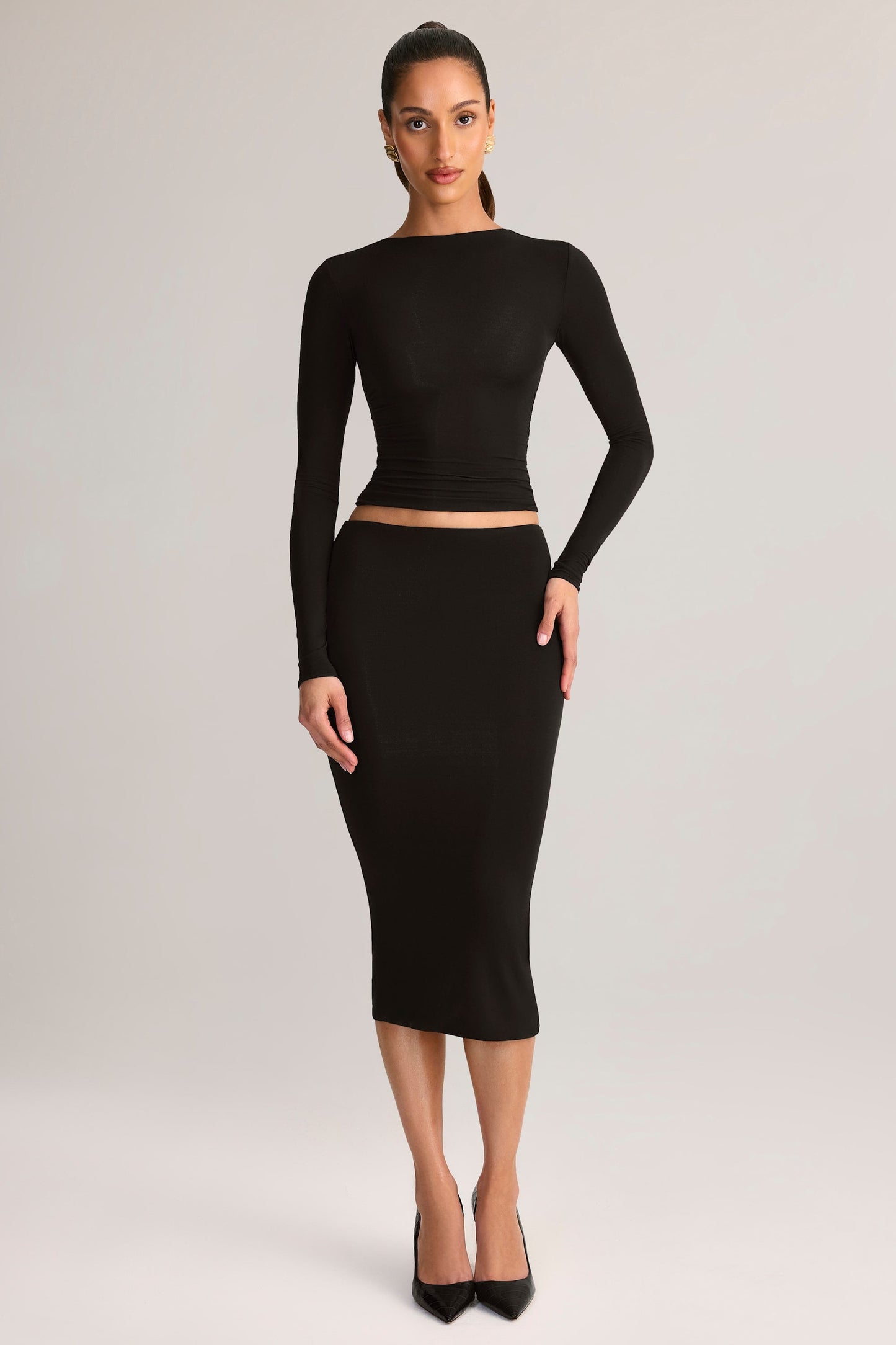 Modal Mid-Rise Pencil Midi Skirt in Black