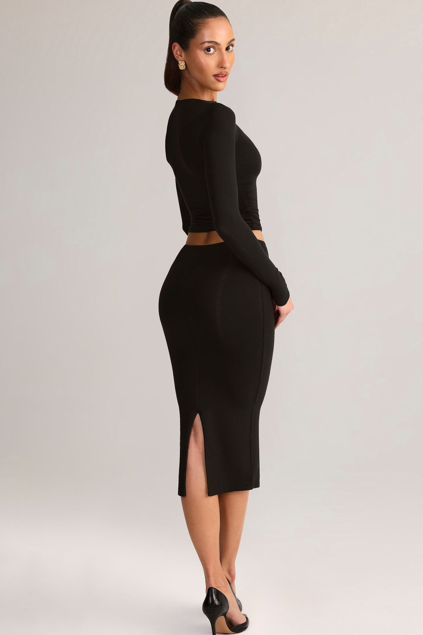 Modal Mid-Rise Pencil Midi Skirt in Black