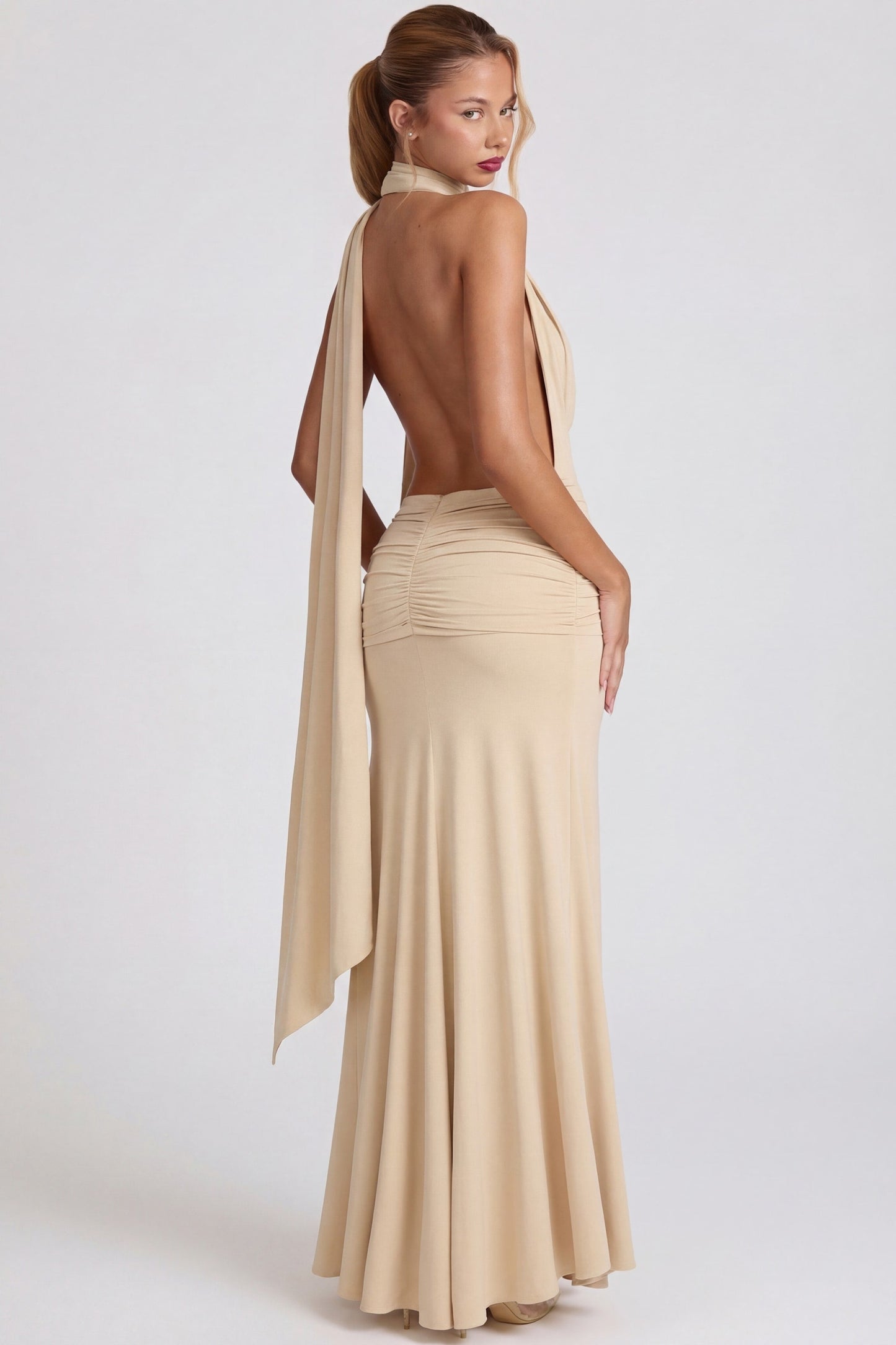 Soft-Jersey Plunge Halterneck Maxi Dress in Champagne