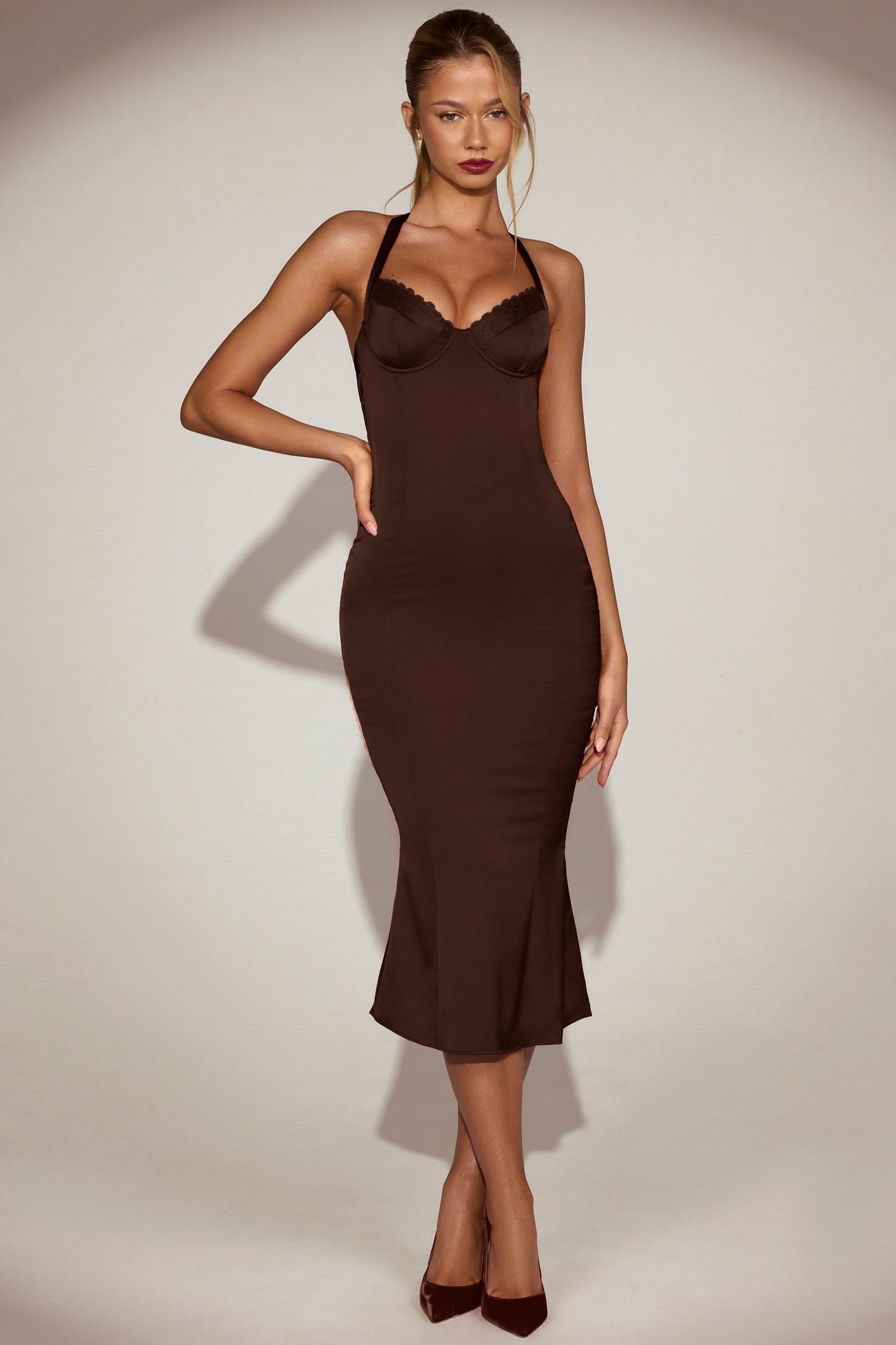 Satin Sweetheart Bustier Fishtail Midaxi Dress in Chocolate Brown