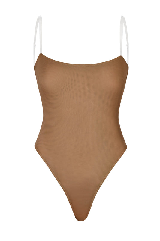 Soft Mesh Invisible Strap Thong Bodysuit in Almond
