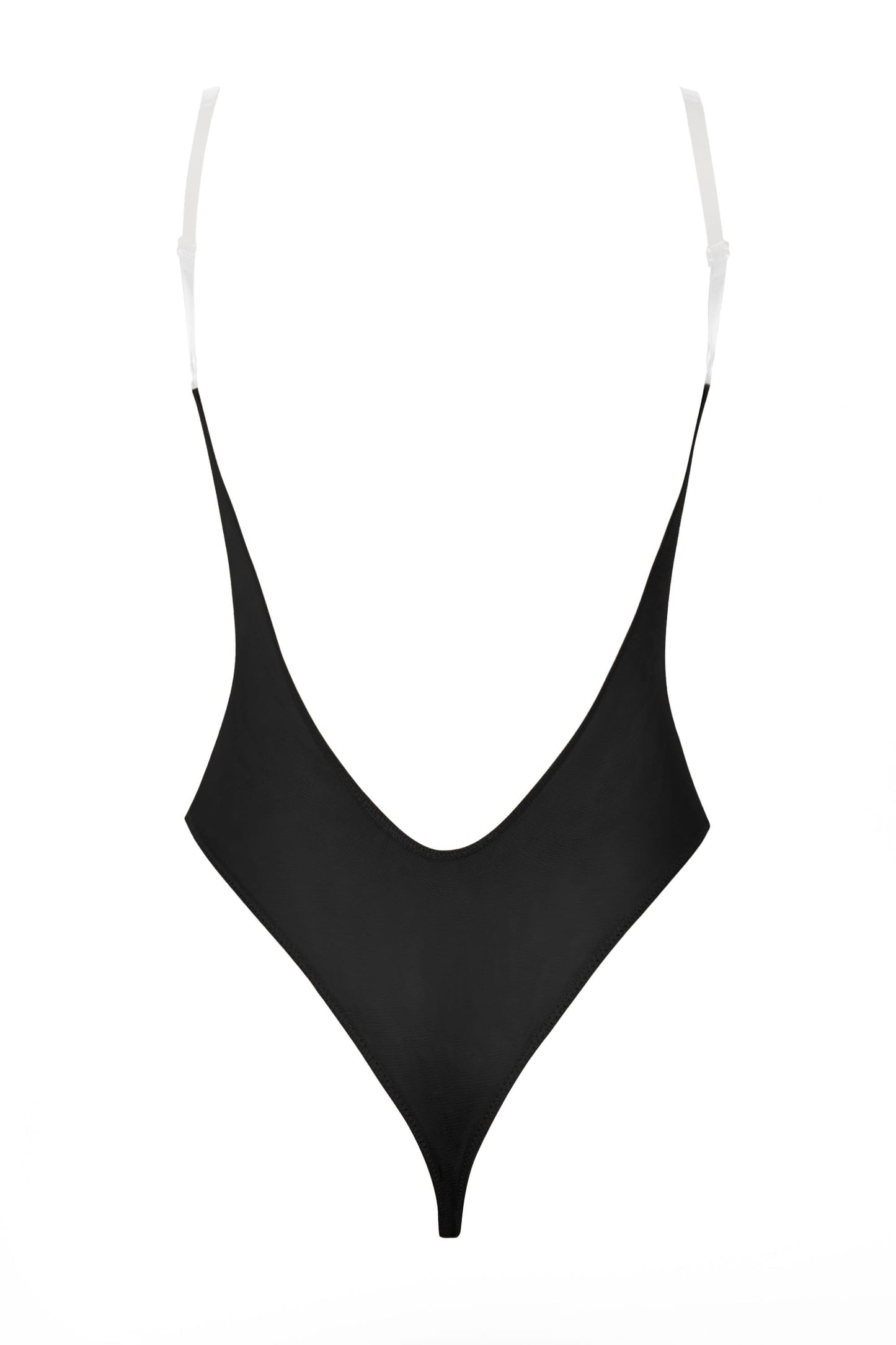 Soft Mesh Invisible Strap Thong Bodysuit in Black