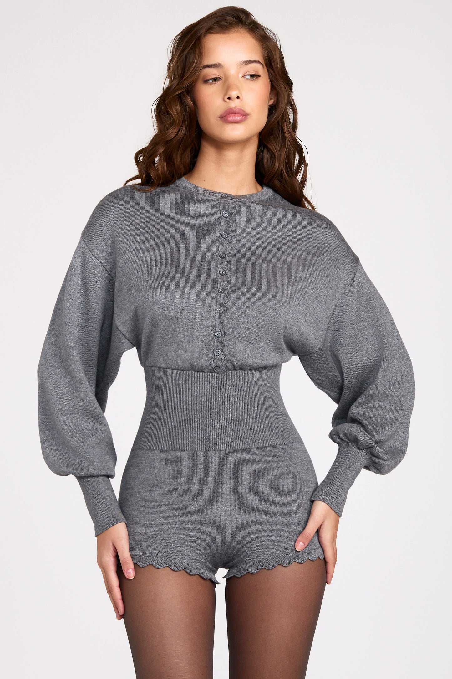 Fine-Knit Long-Sleeve Romper in Grey