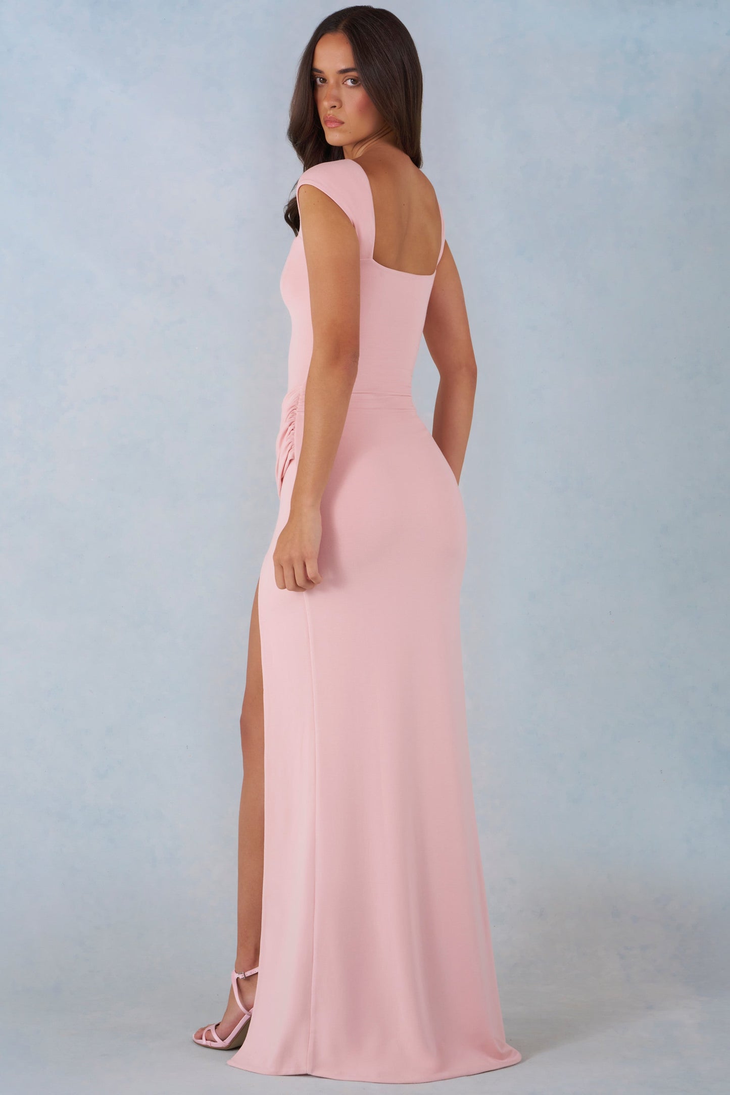 Modal Sweetheart-Neck Cowl-Waist Maxi Dress in Blush Pink