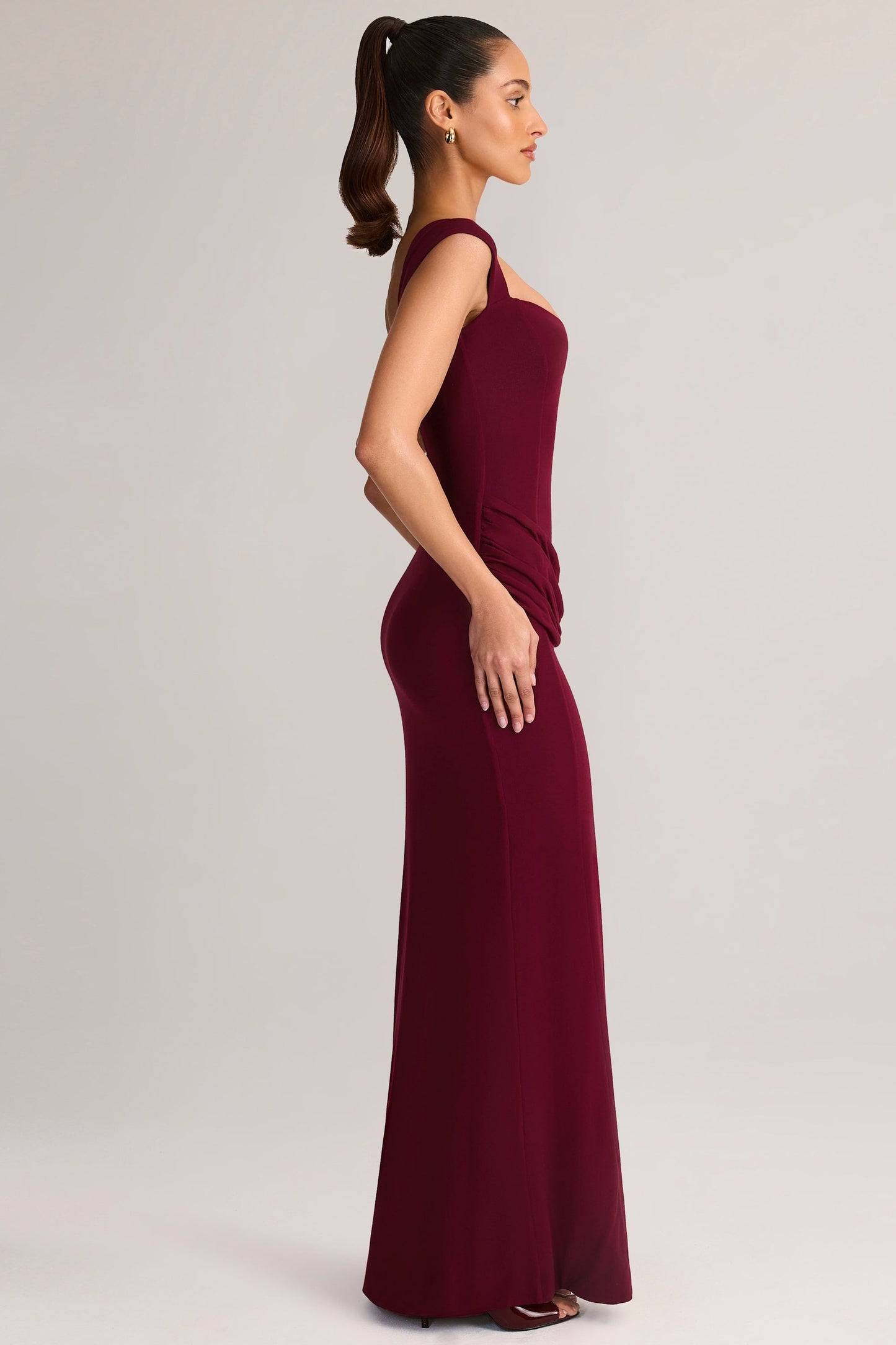 Modal Sweetheart-Neck Cowl-Waist Maxi Dress in Wine