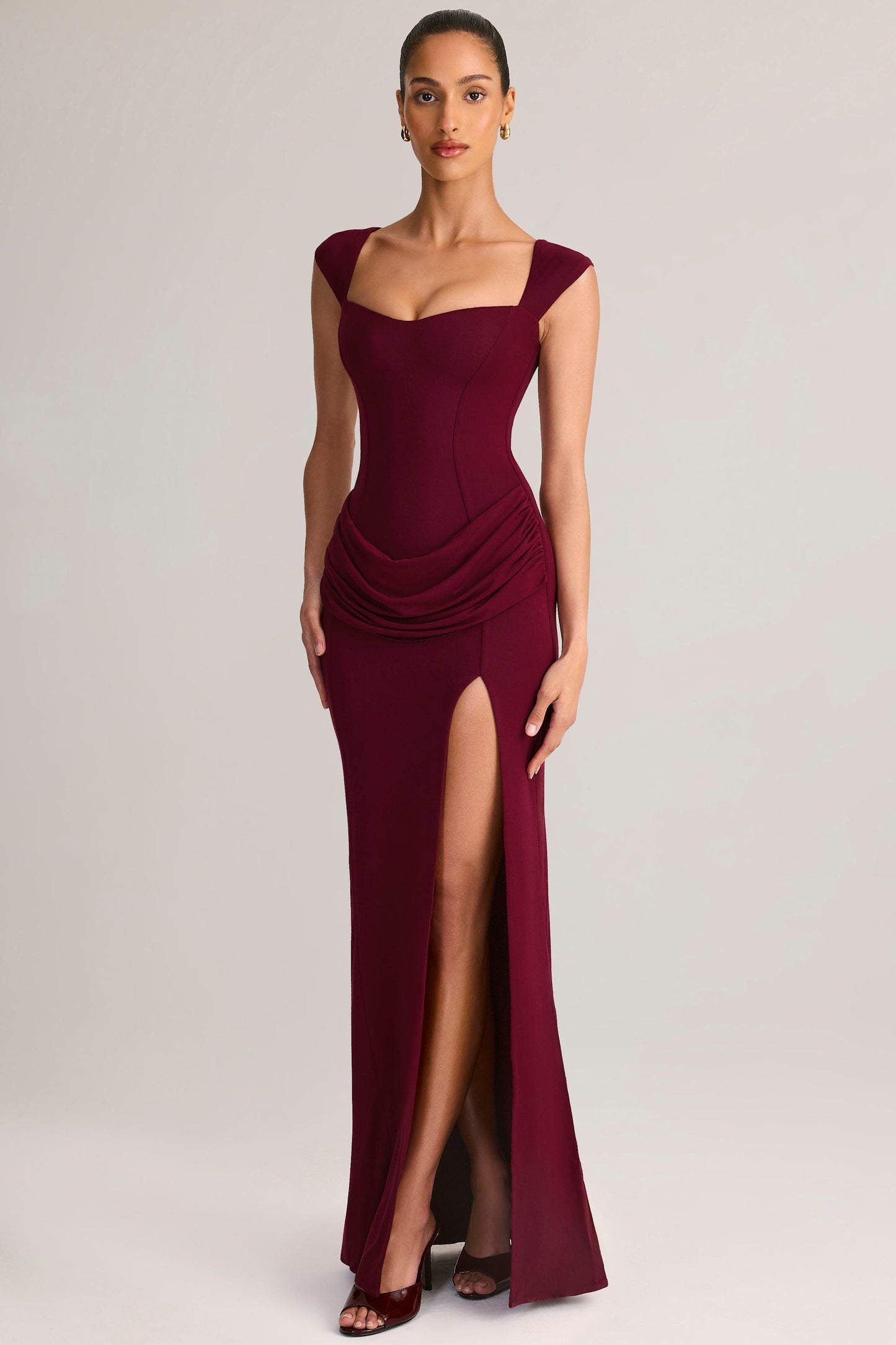Modal Sweetheart-Neck Cowl-Waist Maxi Dress in Wine