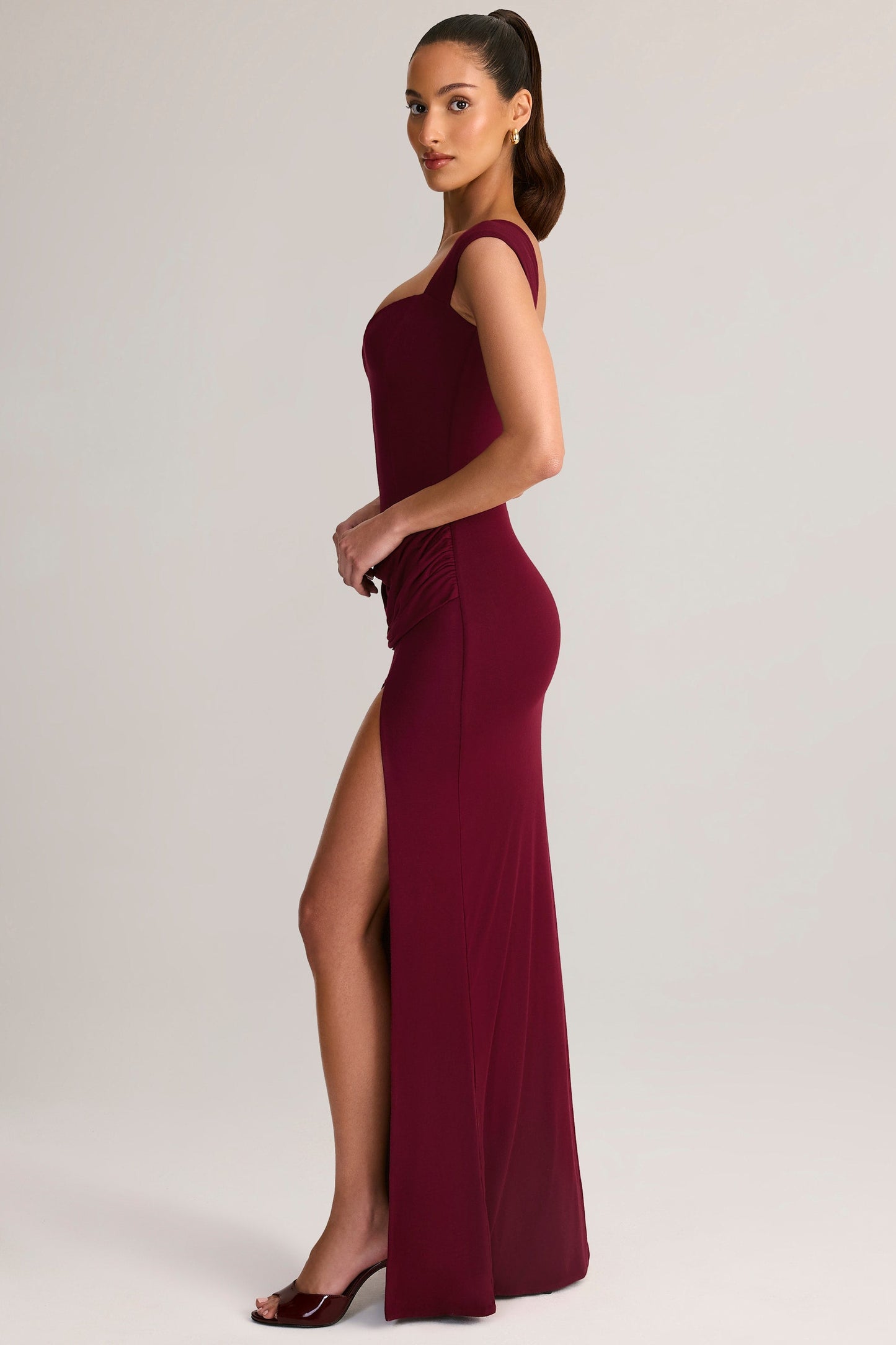 Modal Sweetheart-Neck Cowl-Waist Maxi Dress in Wine
