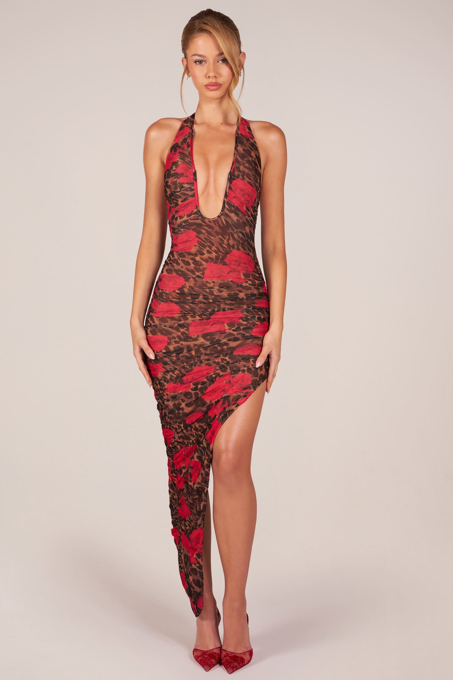Halterneck Split Hem Midaxi Dress in Rose Leopard Print