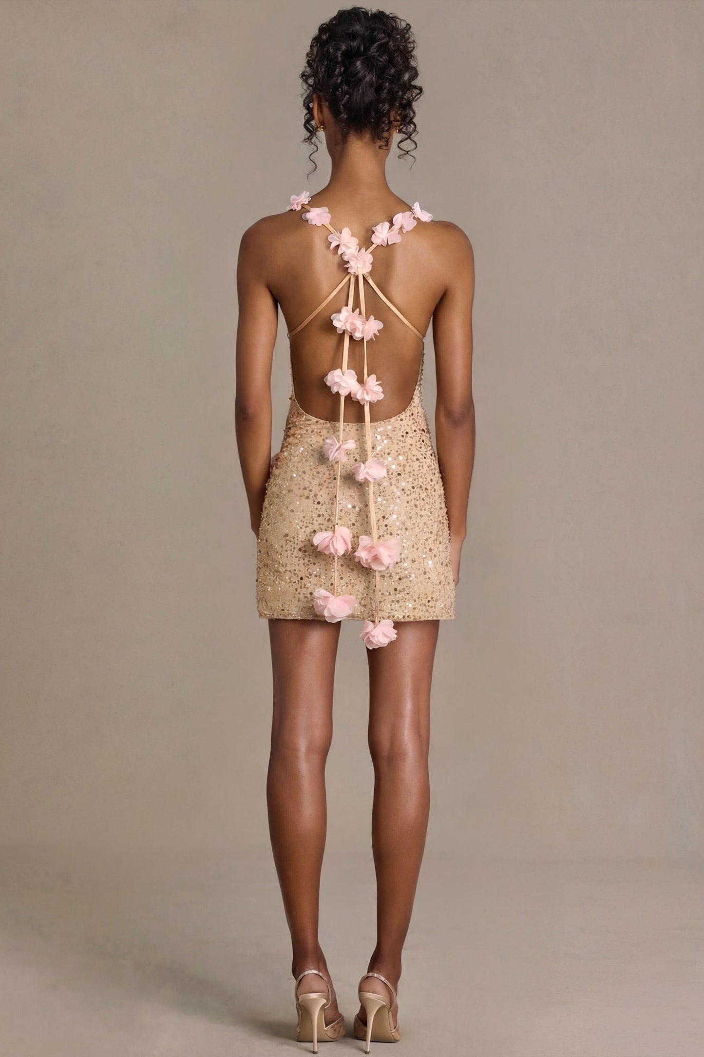 Embellished Open-Back Mini Dress in Gold