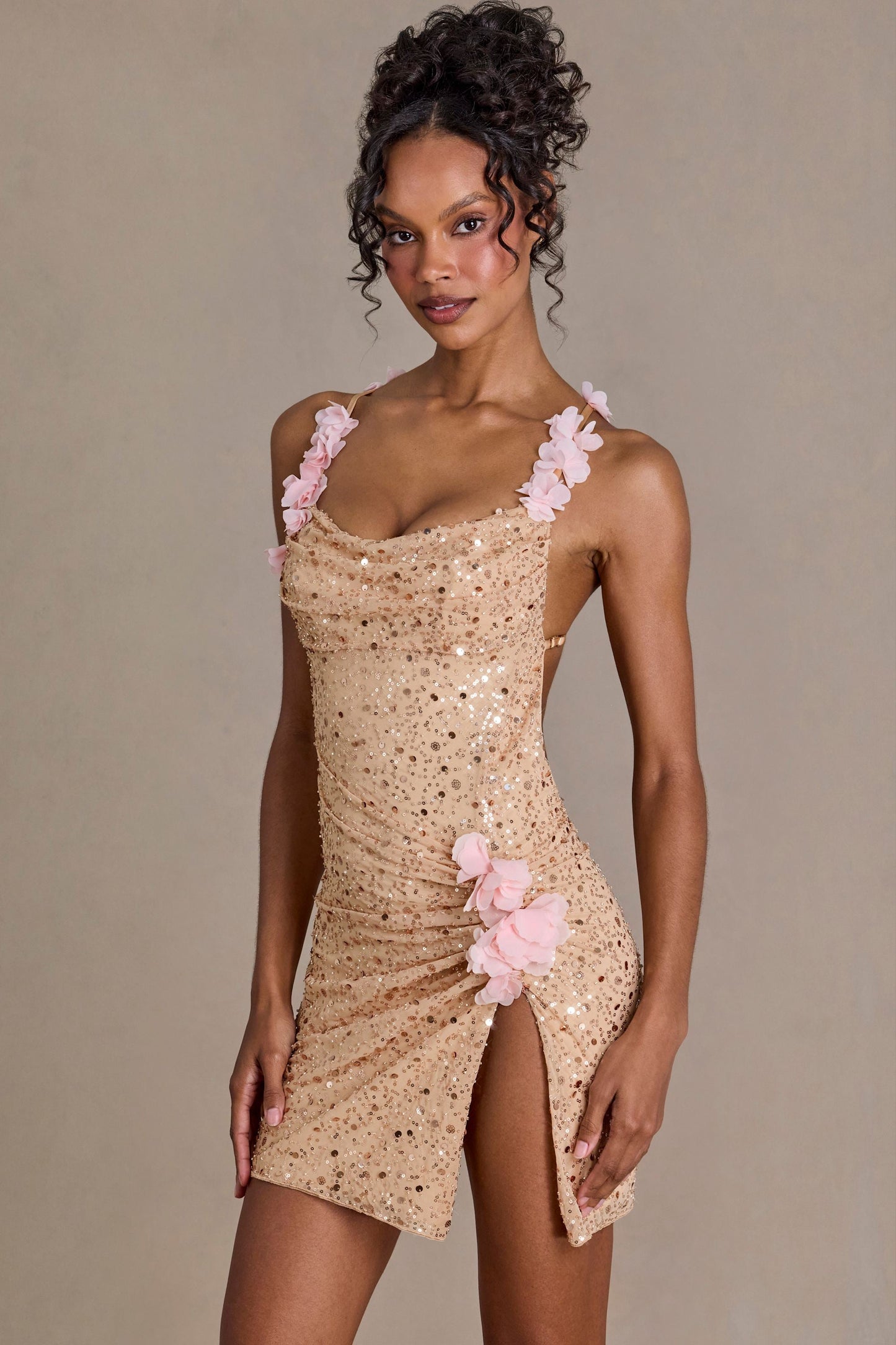 Embellished Open-Back Mini Dress in Gold