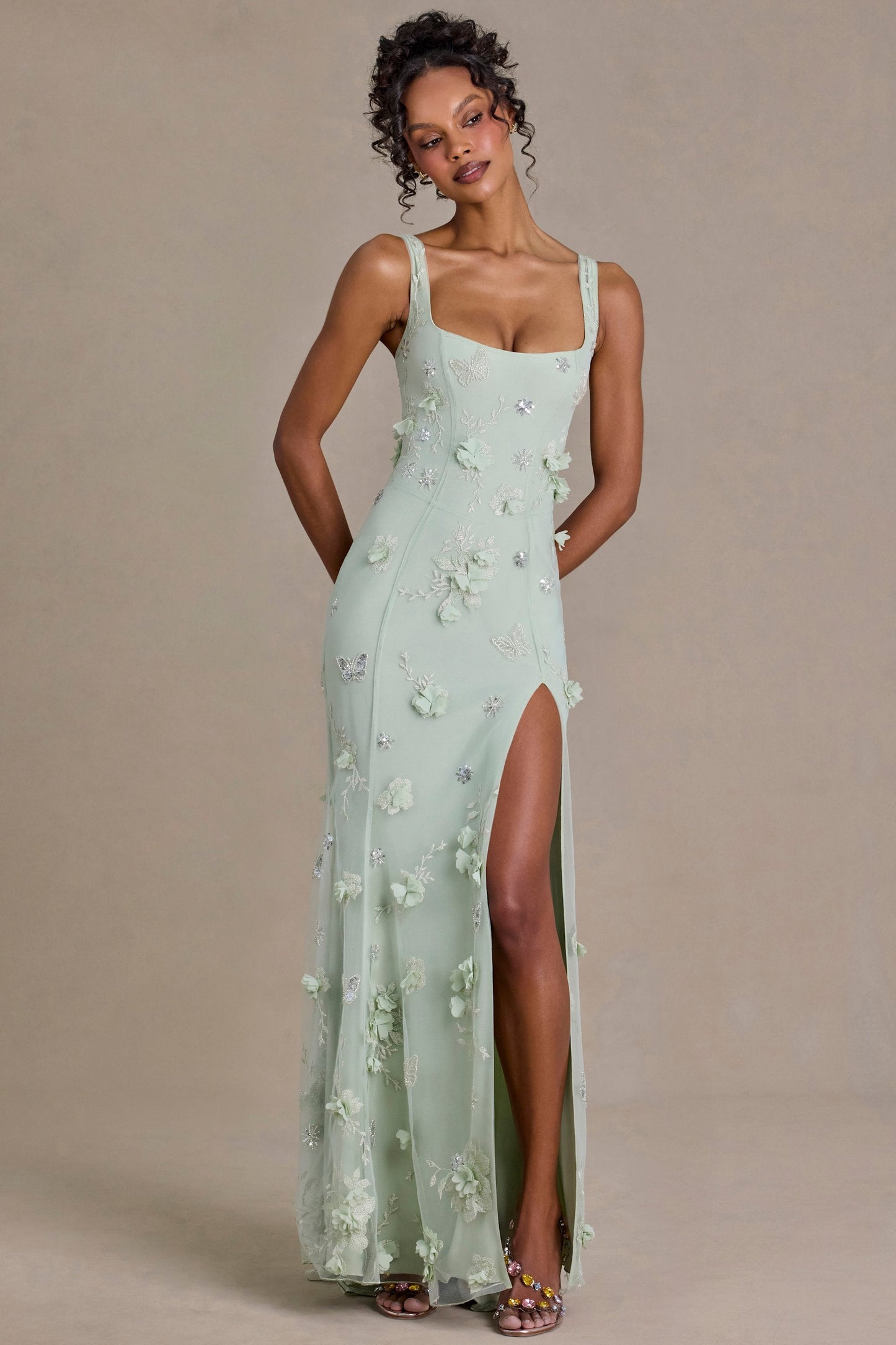 Embellished Corset Gown in Sage Green