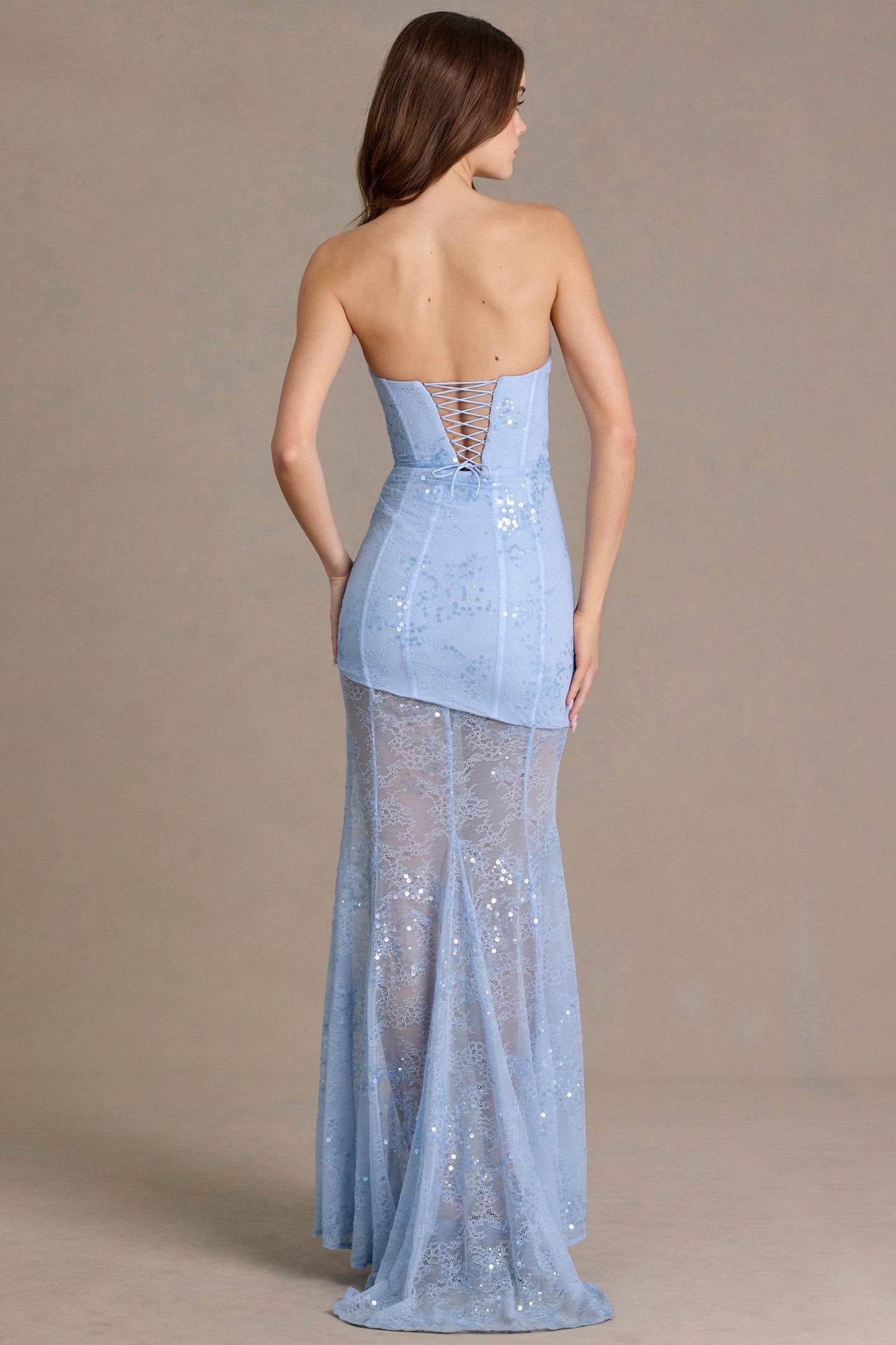 Premium Embellished Lace Corset Gown in Sky Blue