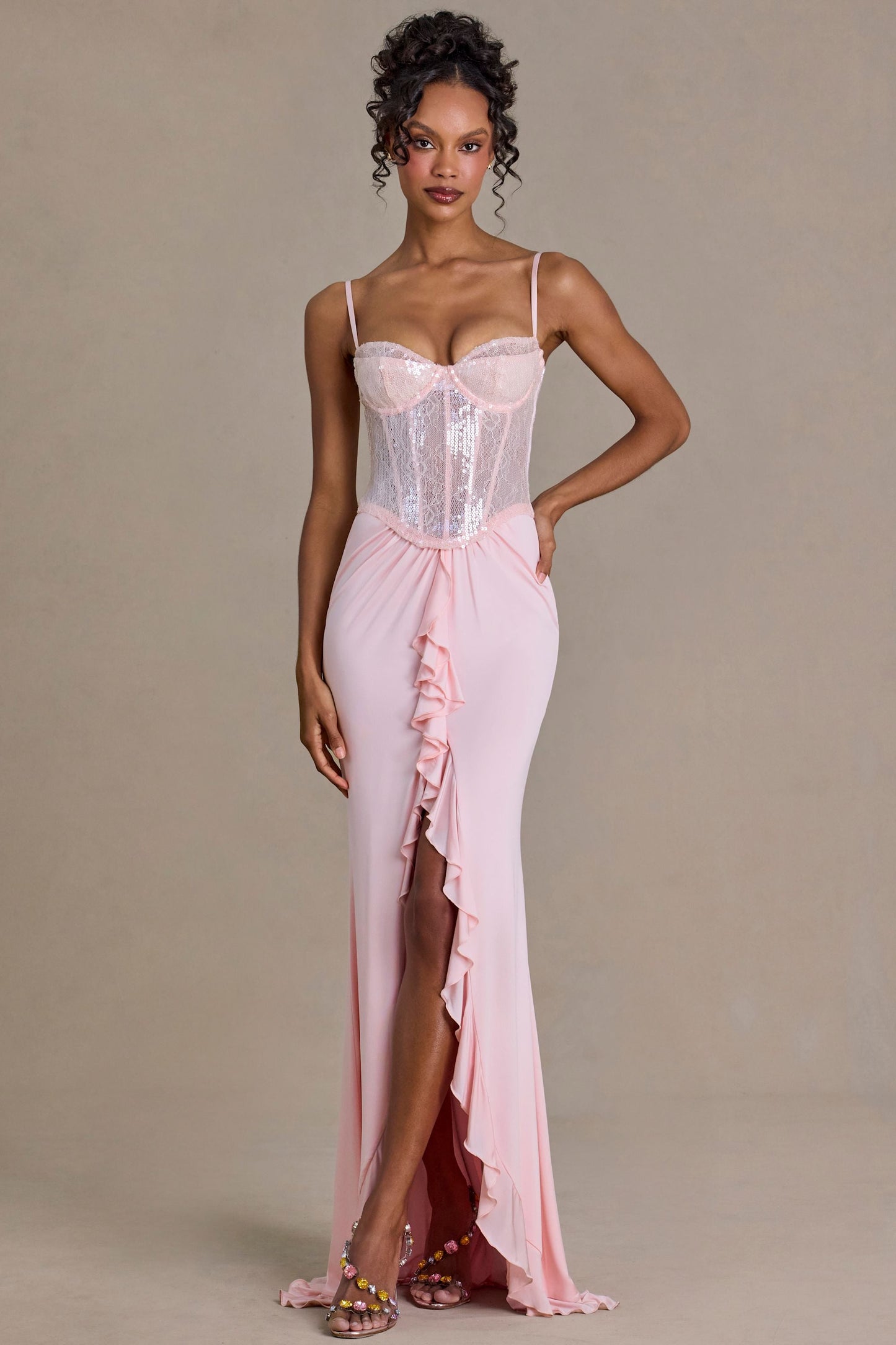 Premium Embellished Lace Corset Gown in Baby Pink