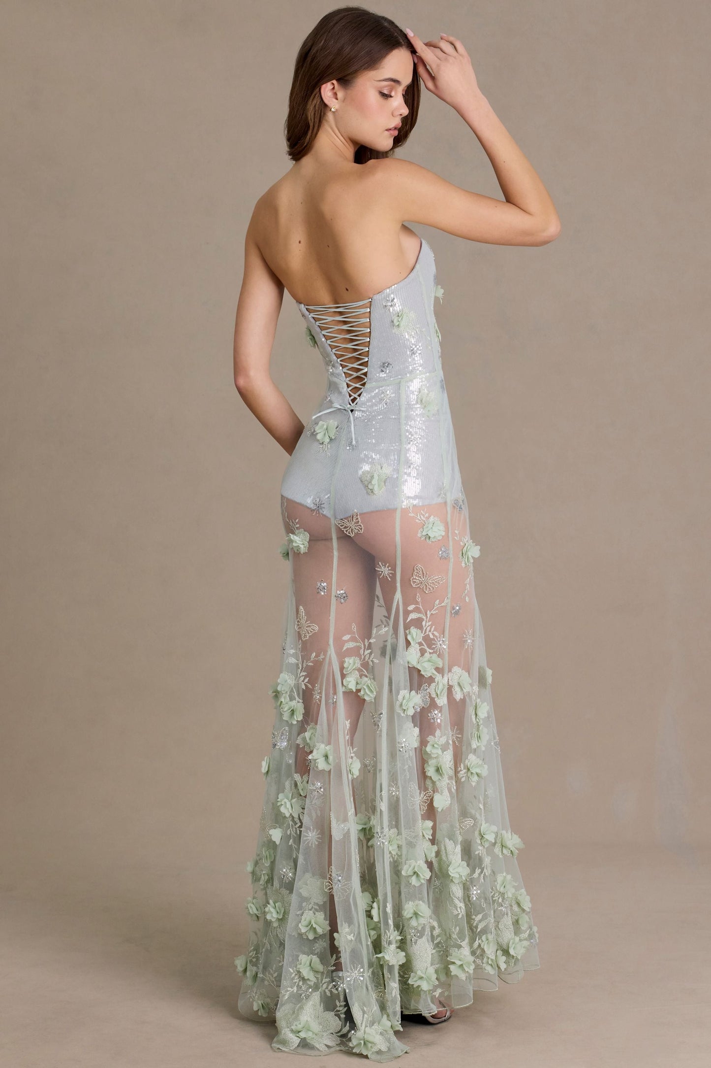 Embellished Tulle Corset Gown in Sage Green