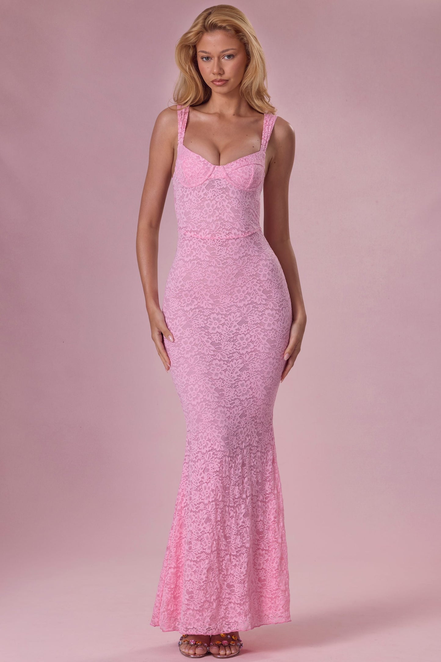 Lace Sweetheart-Neck Gown in Blush Pink
