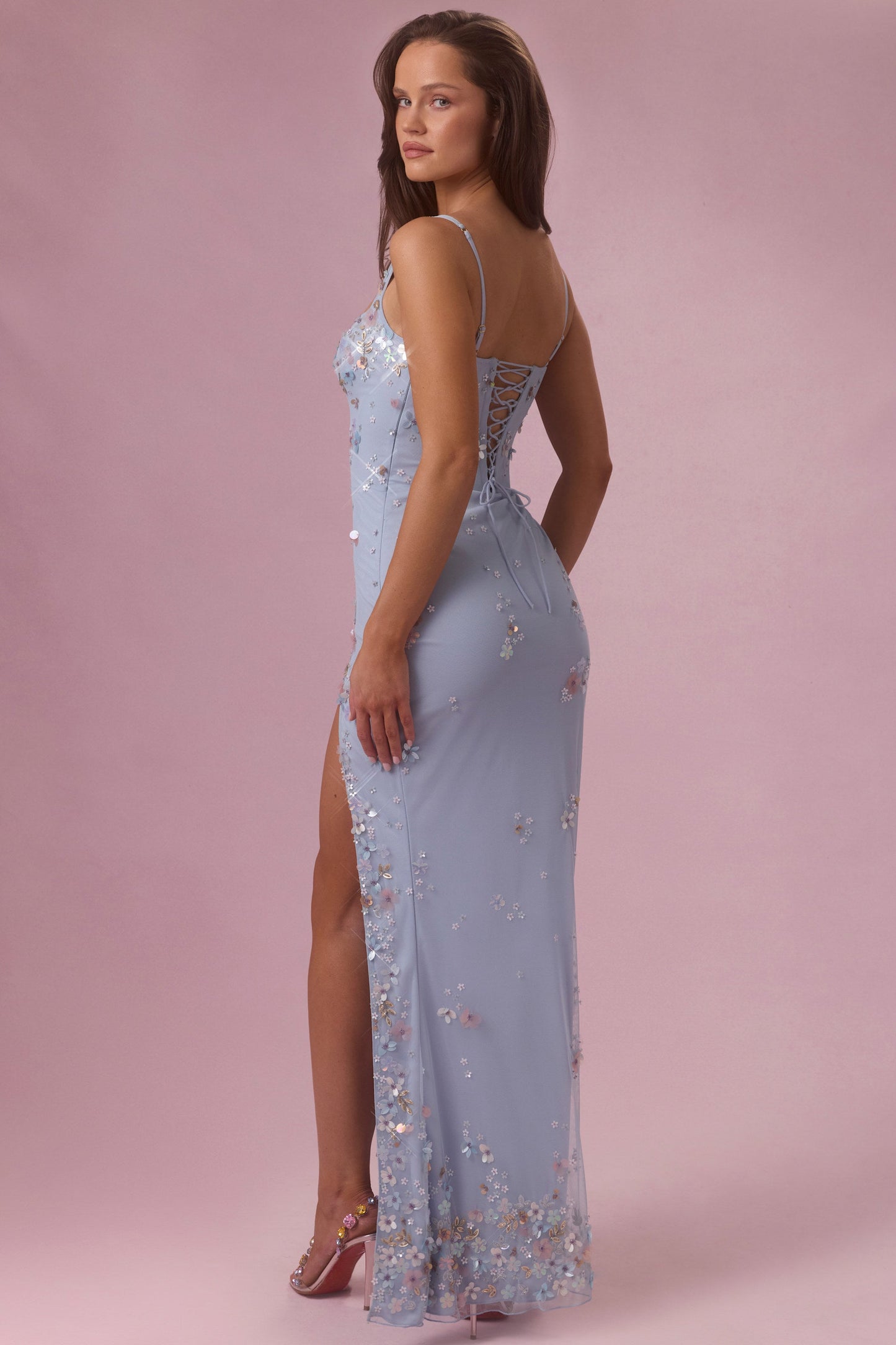Embellished Corset Maxi Dress in Powder Blue